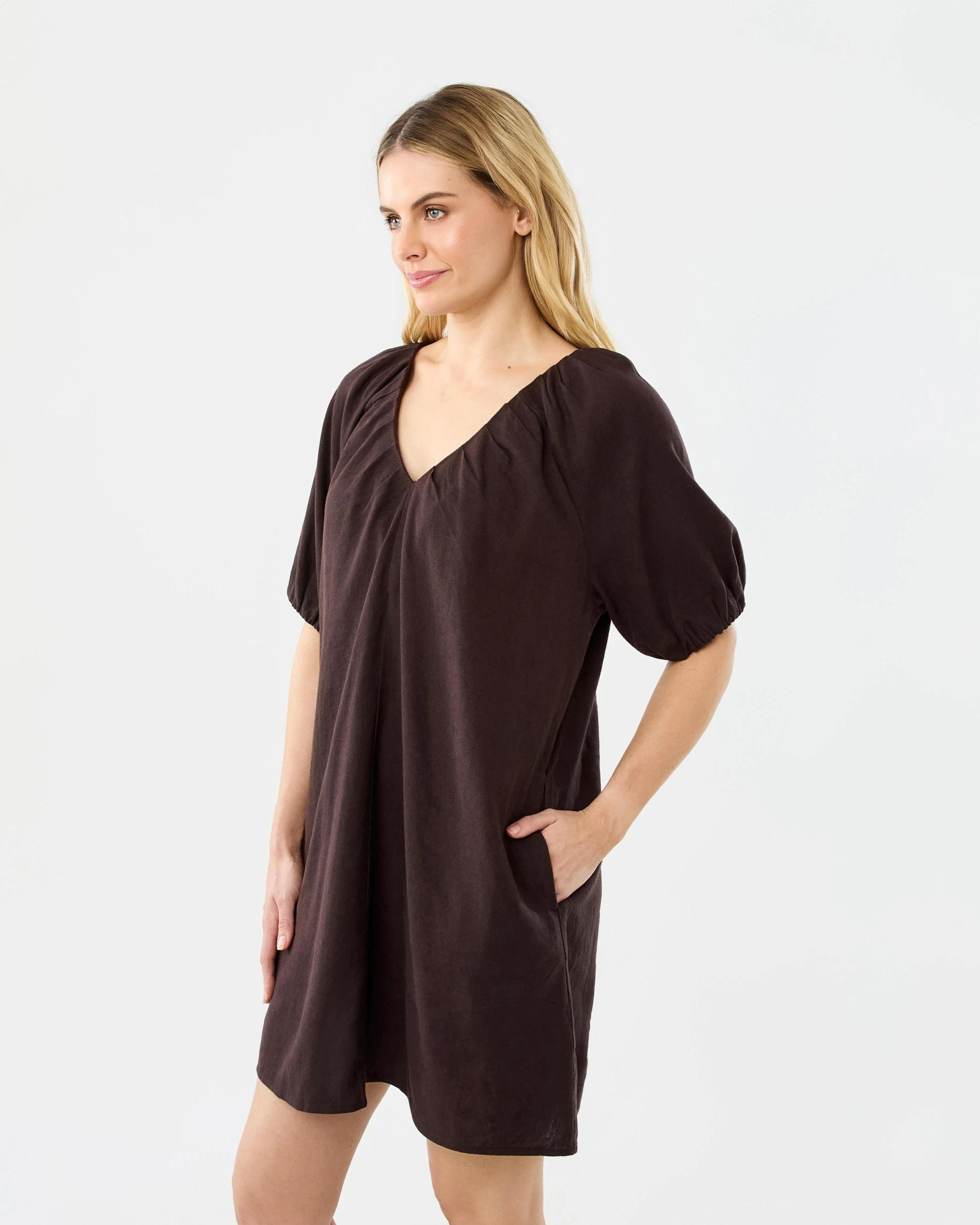 2 Short Sleeve Linen Blend Puff Sleeve Mini Dress Cbean, 2 of 8