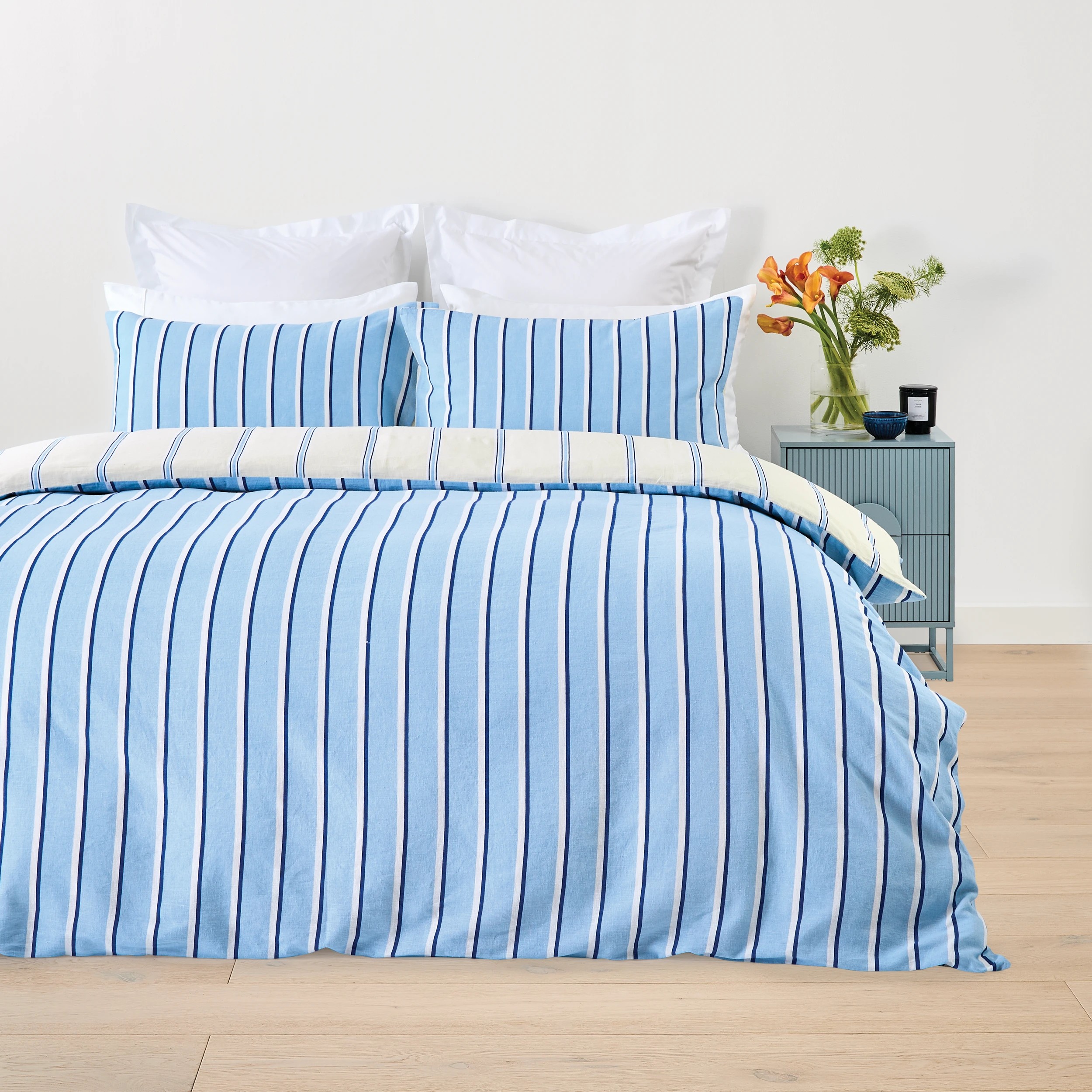 3 Stripe Linen Cotton Reversible Quilt Cover Set - Super King Bed, Butter, 3 of 9