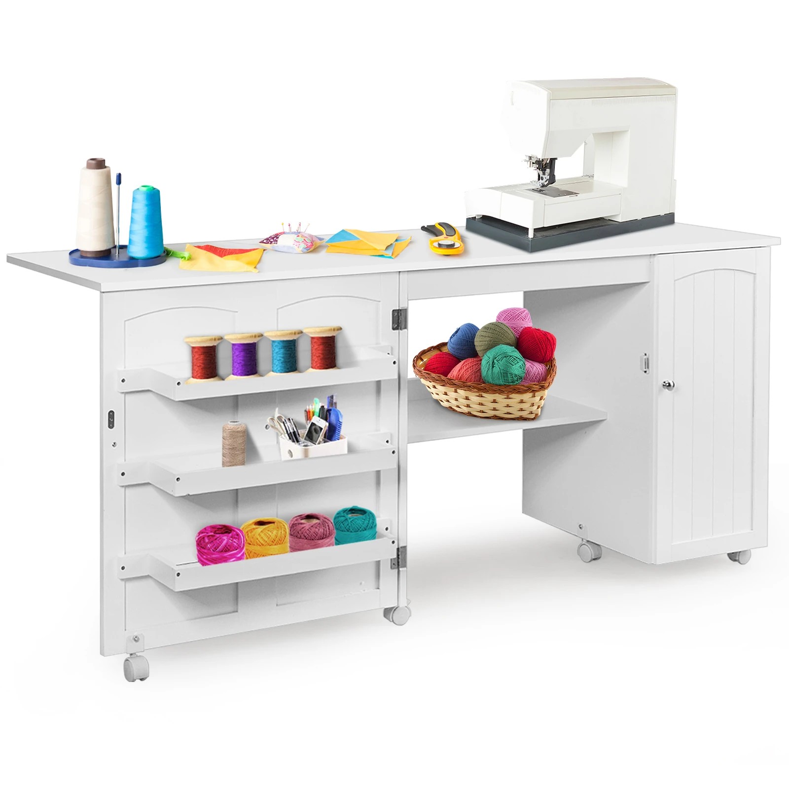5 Costway Foldable Sewing Table Rolling Drop Leaf Craft Table w/Storage Bins - White, 5 of 5