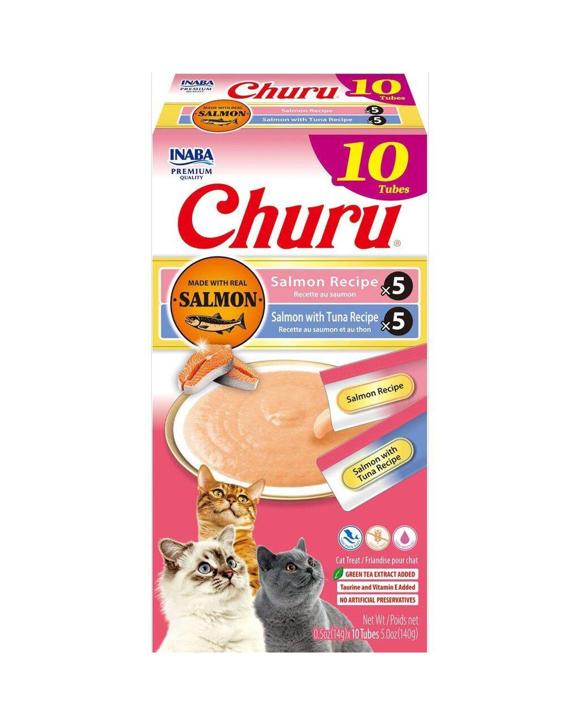 Inaba Churu Puree Pet Cat Treats Salmon with Tuna Variety Box 10 Pack