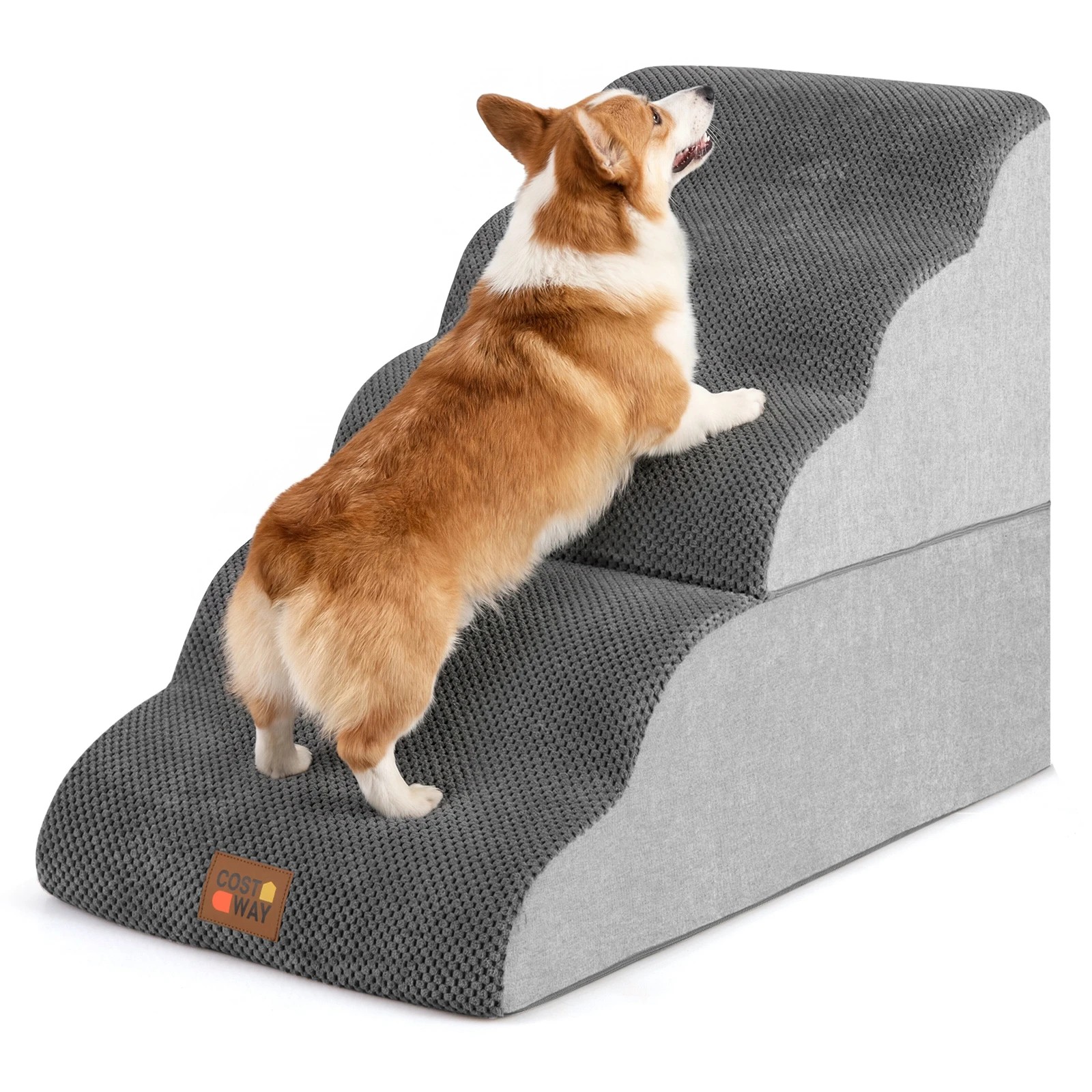 7 Costway 5-Tier Foam Pet Ramp 2-in-1 Dog Stair Ladder w/Hair Remover - Grey, 7 of 7
