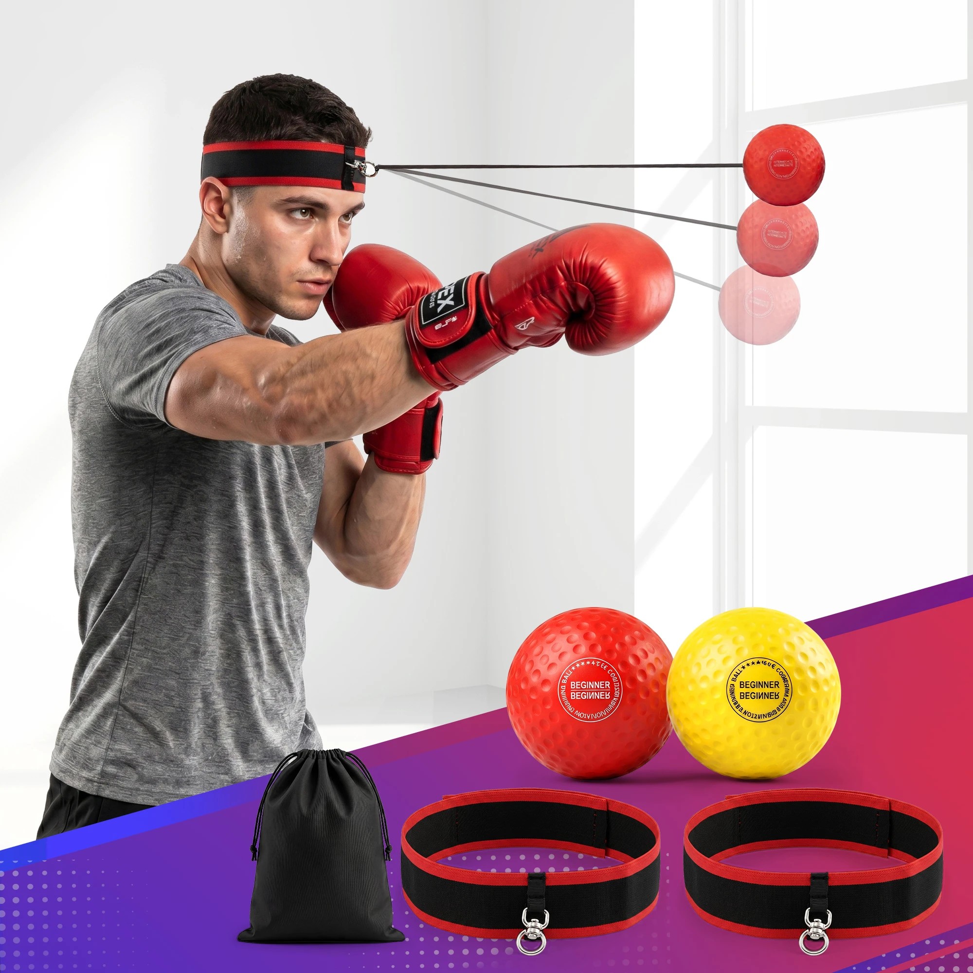 2 Everfit Boxing Reflex Ball Headband Hand Eye Coordination Stress Relief 2 Balls - Multi, 2 of 8