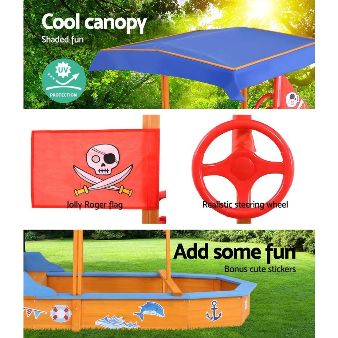 5 Keezi Kids Sandpit Wooden Boat Sand Pit with Canopy Bench Seat Beach Toys 150cm - Multi, 5 of 6