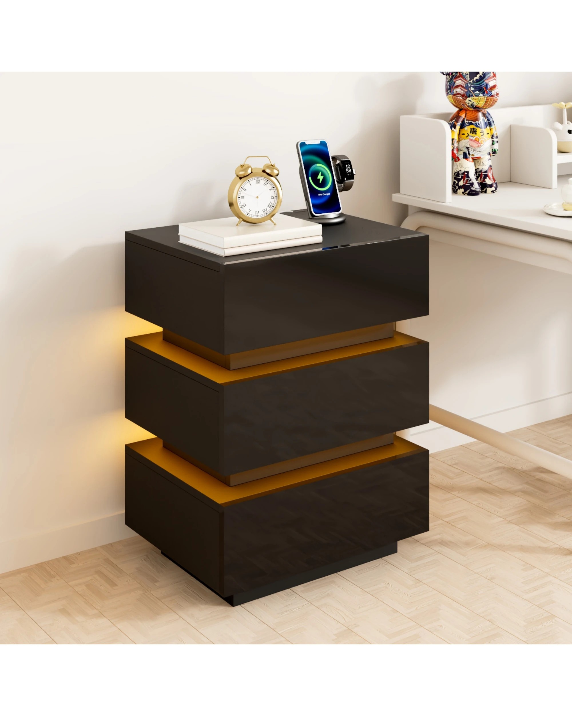 3 Advwin Bedside Table 3 Drawers With with Charging Station & LED Light - Black, 3 of 7