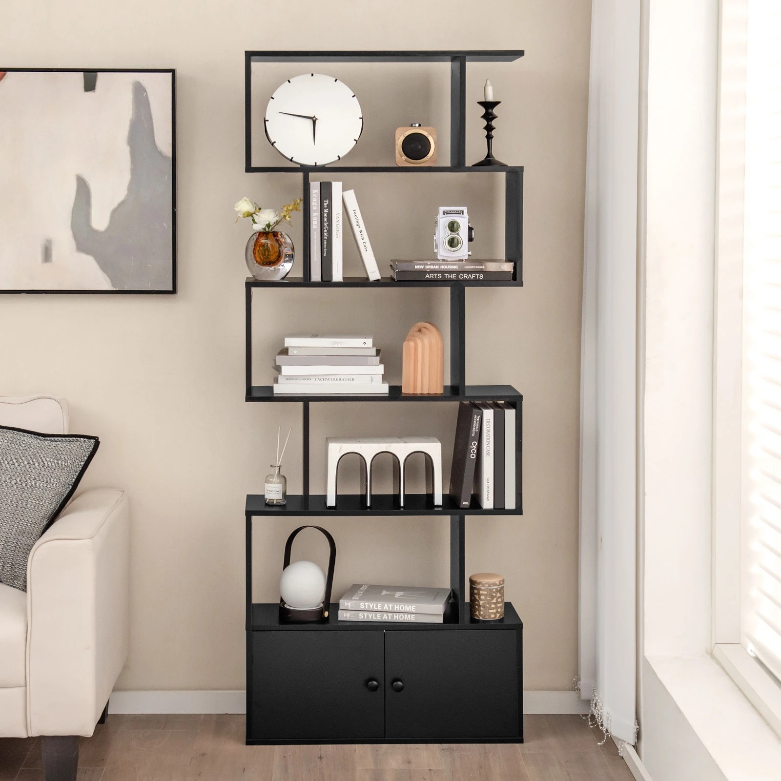 2 Costway S-Shaped 6-Tier Bookshelf w/Cabinet Bookcase Storage Display Shelf Stand Rack - Black, 2 of 4