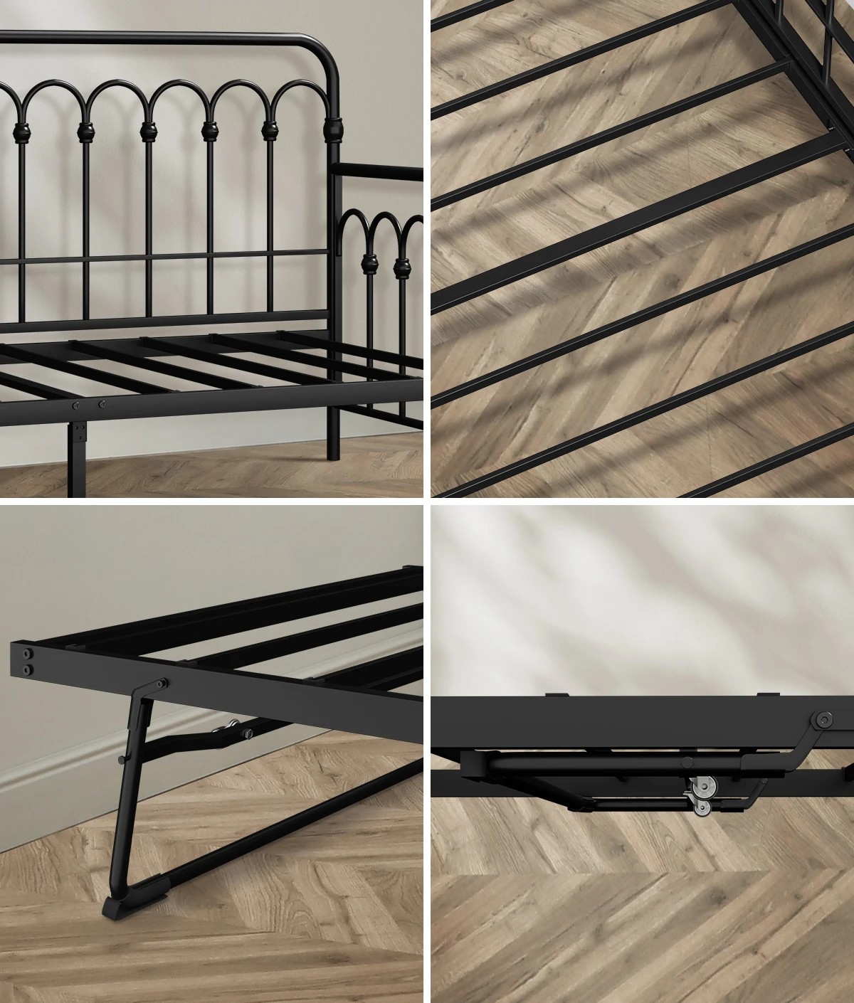 4 Oikiture Trundle Bed Frame Daybed Single Size Base Metal Single Beds X2
 - Black, 4 of 9