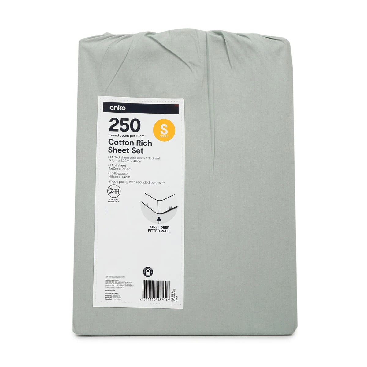 7 250 Thread Count Cotton Rich Sheet Set - Single Bed, Eucalyptus, 7 of 7
