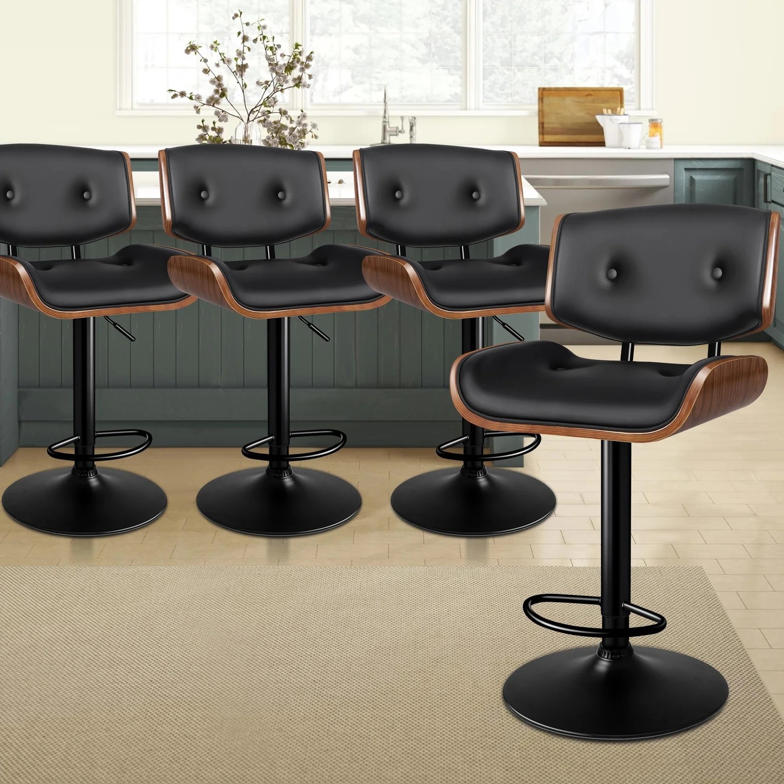9 Alfordson 4x Bar Stool Kitchen Swivel Chair Wooden Leather Gas Lift - Black, 9 of 9
