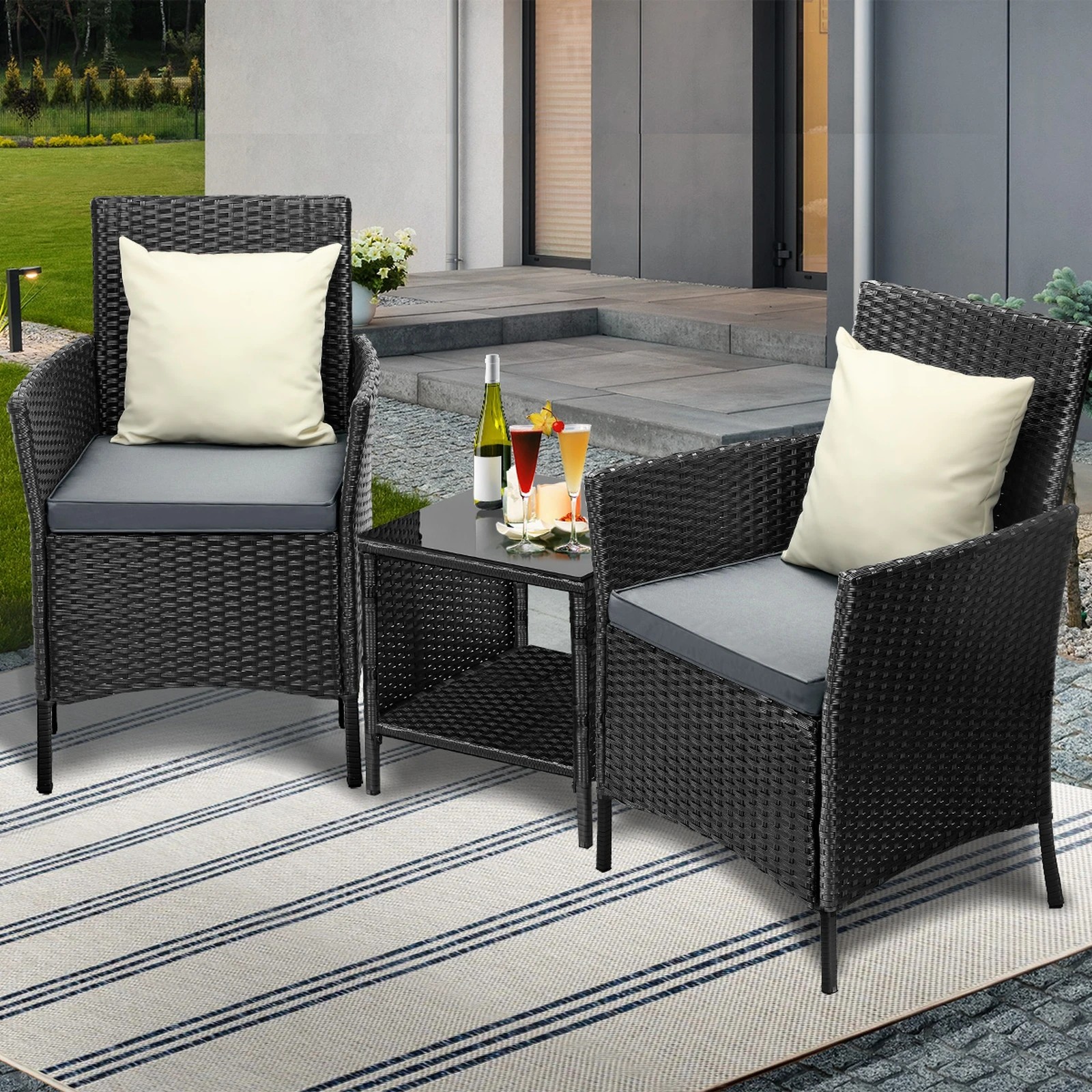 4 Livsip Outdoor Furniture 3 Piece Wicker Bistro Set Patio Chairs Table Garden
 - Multi, 4 of 10
