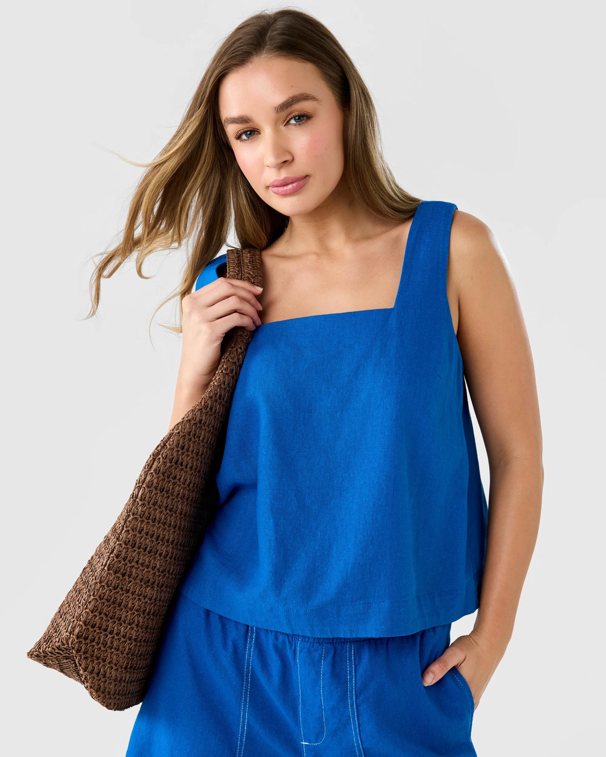 7 Sleeveless Linen Blend Square Neck Tank Sapp Blue, 7 of 7