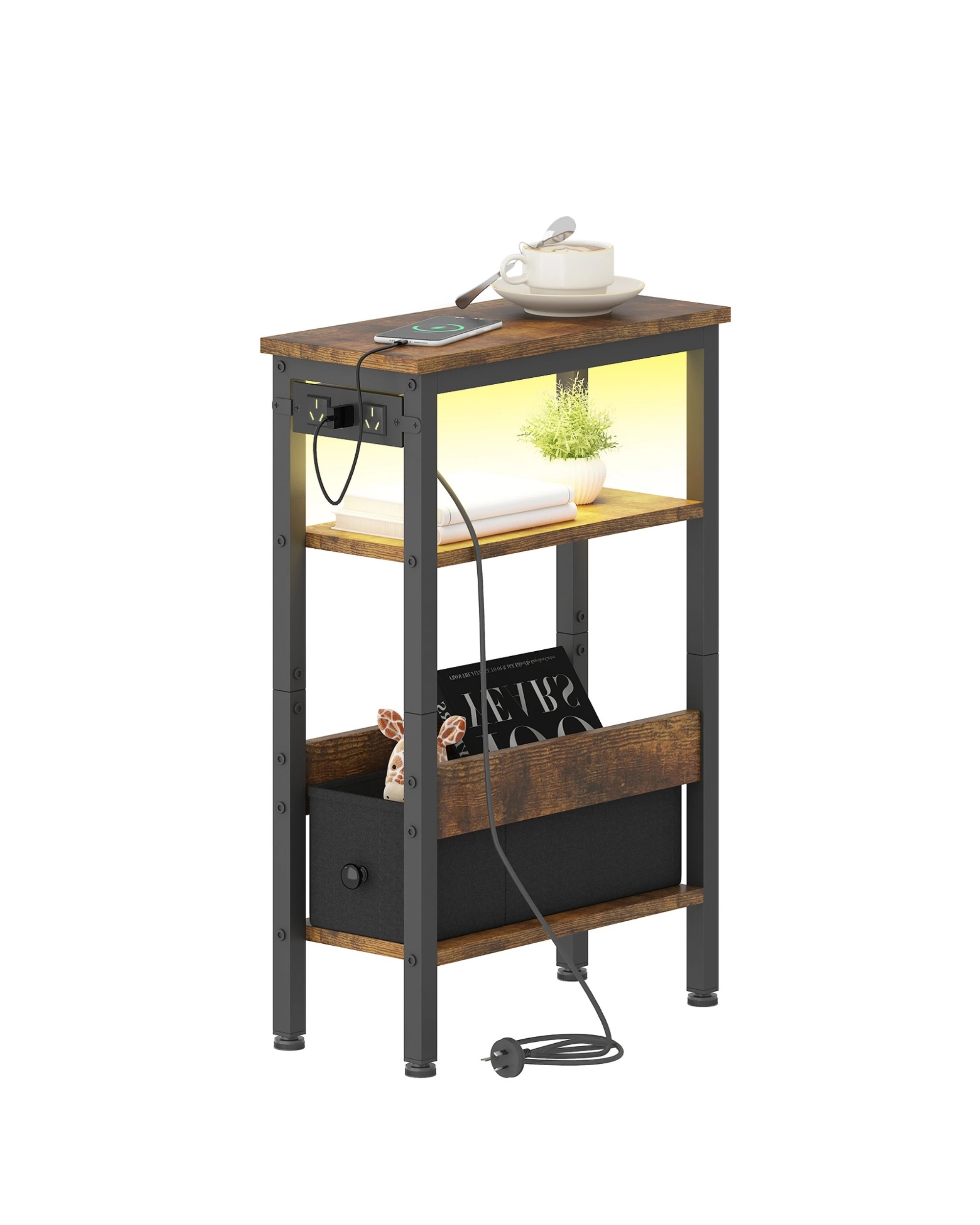 6 Advwin LED  Bedside Tables Set of 2 w/ Open Drawer & Open Shelf - Brown, 6 of 9