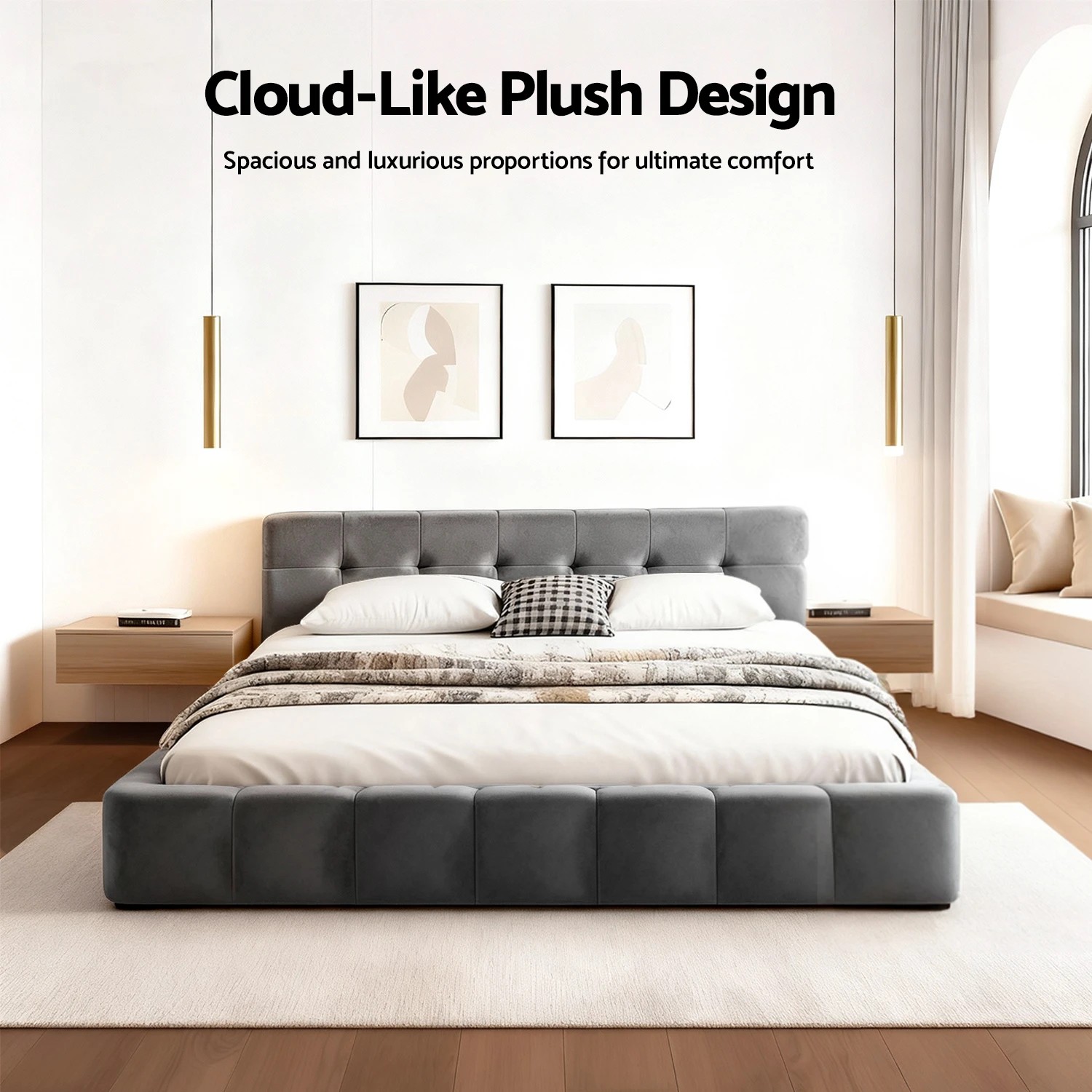 3 Artiss Double Size Bed Frame Plush Soft Headboard Velvet Platform Base for Modern Bedrooms - Grey, 3 of 7