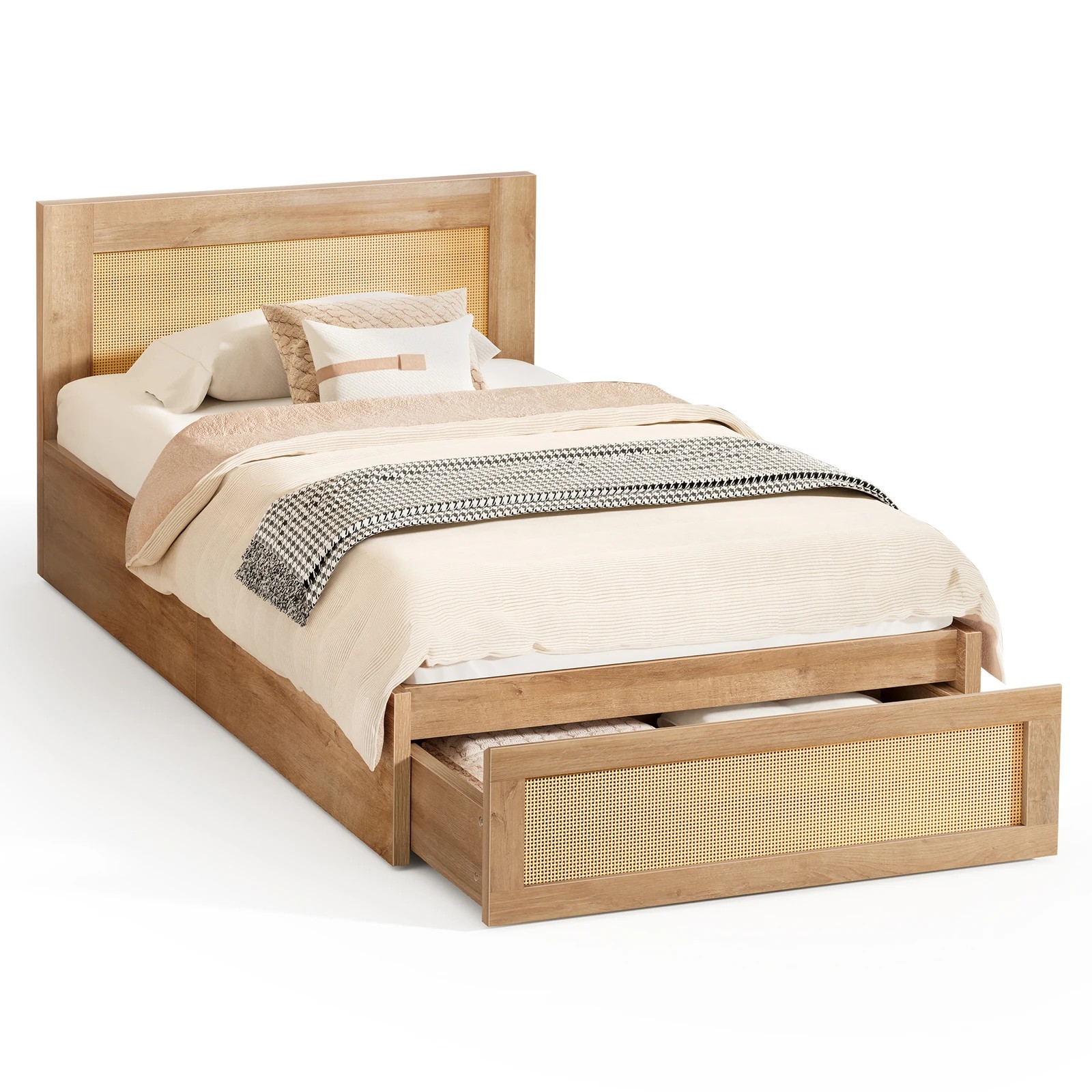 1 Alfordson Wooden Bed Frame Single Size Rattan Bed Base with Storage Drawer - Oak, 1 of 10