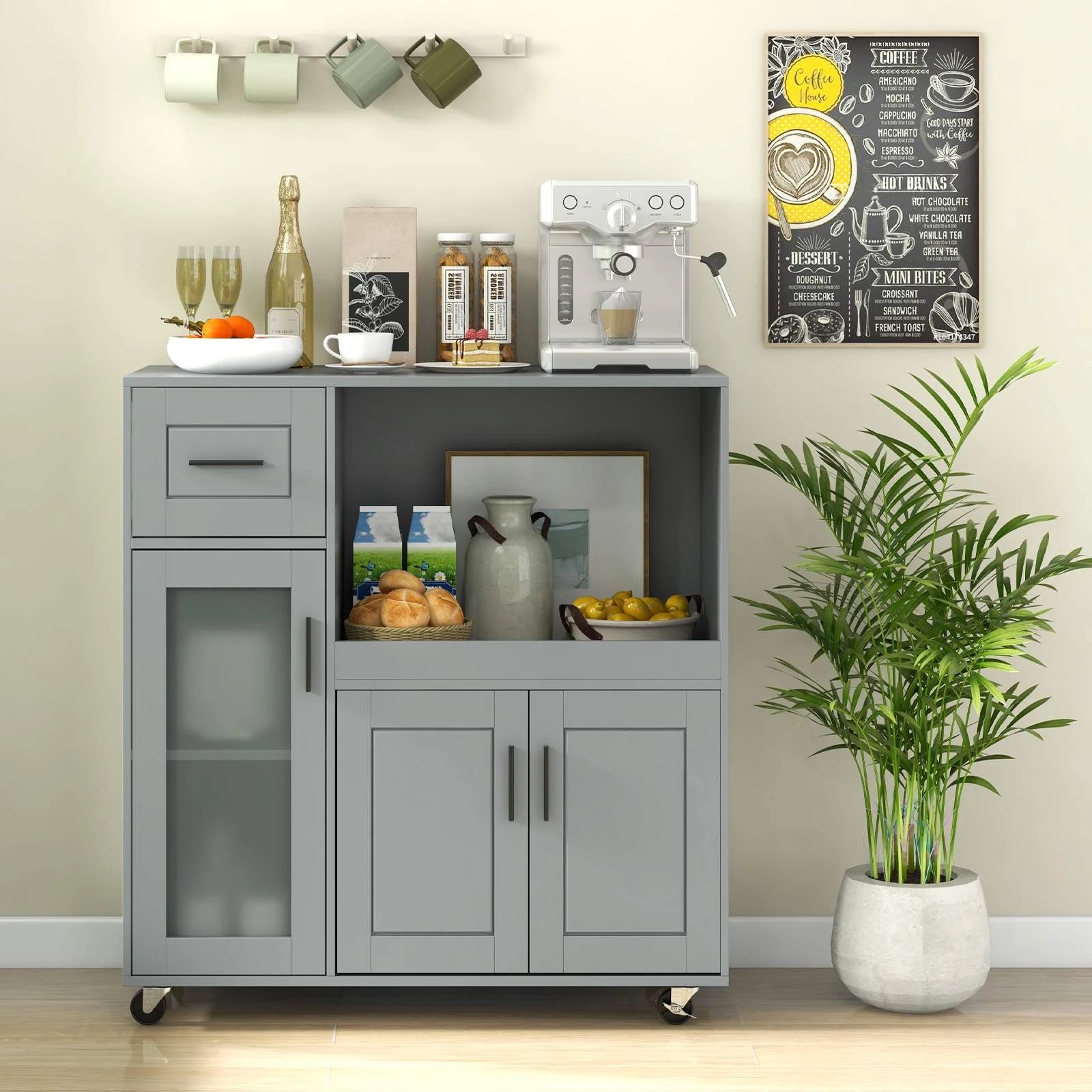 3 Costway Kitchen Island Trolley Mobile Storage Cabinet Buffet Sideboard w/Adjustable Shelf - Grey, 3 of 3