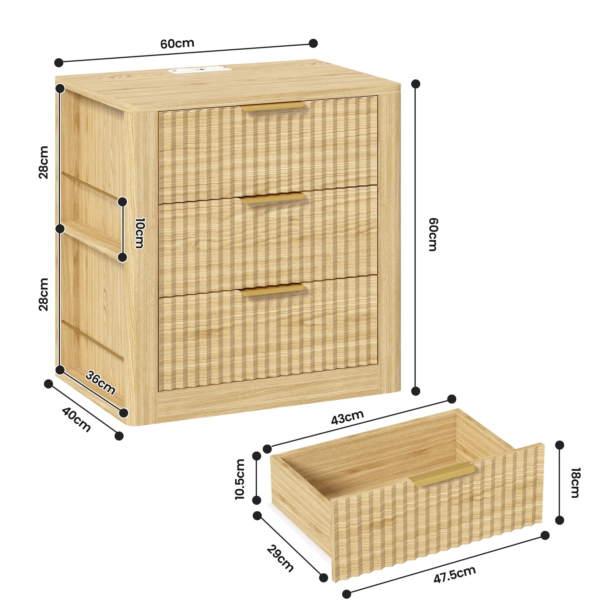 Advwin Set of 2 Fluted Bedside Table with 3 Drawers Metal Handles ...