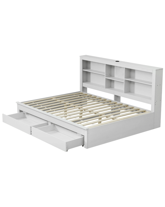 Artiss Solid Wood Double Platform Bed Frame with Storage Headboard, Charging Station and Drawers - White - White
