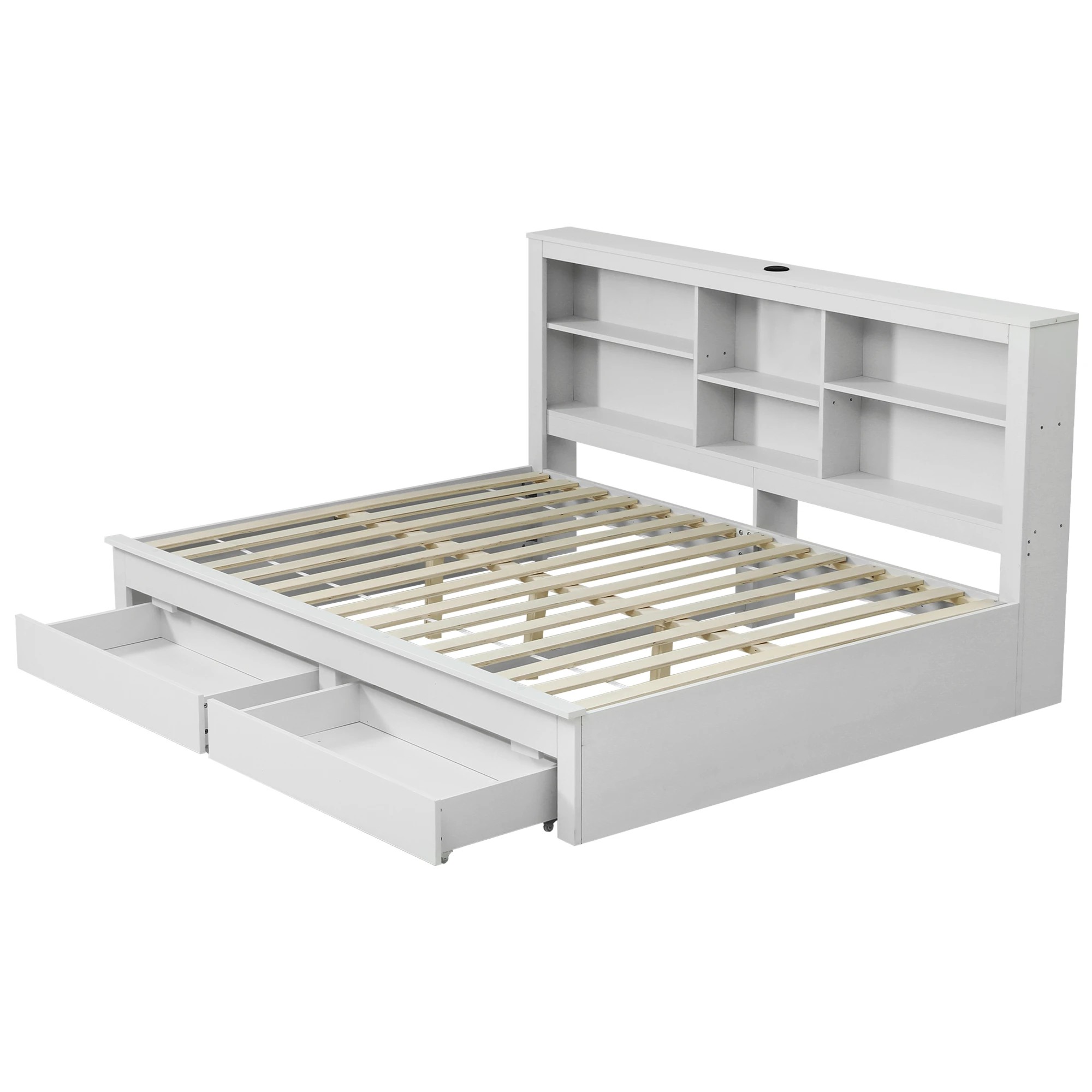 1 Artiss Solid Wood Double Platform Bed Frame with Storage Headboard, Charging Station and Drawers - White, 1 of 7