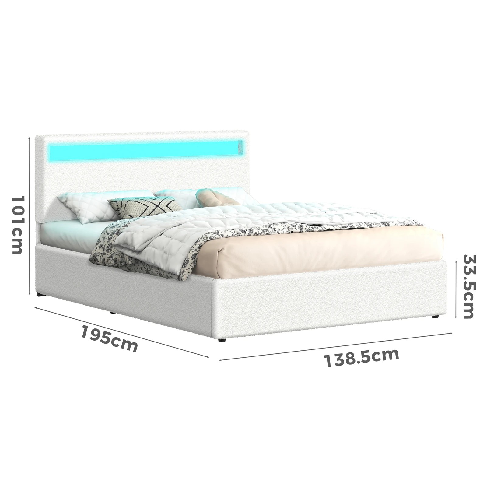 9 Alfordson Bed Frame Double Size RGB LED Gas Lift Storage Base Boucle Luchino - White, 9 of 10