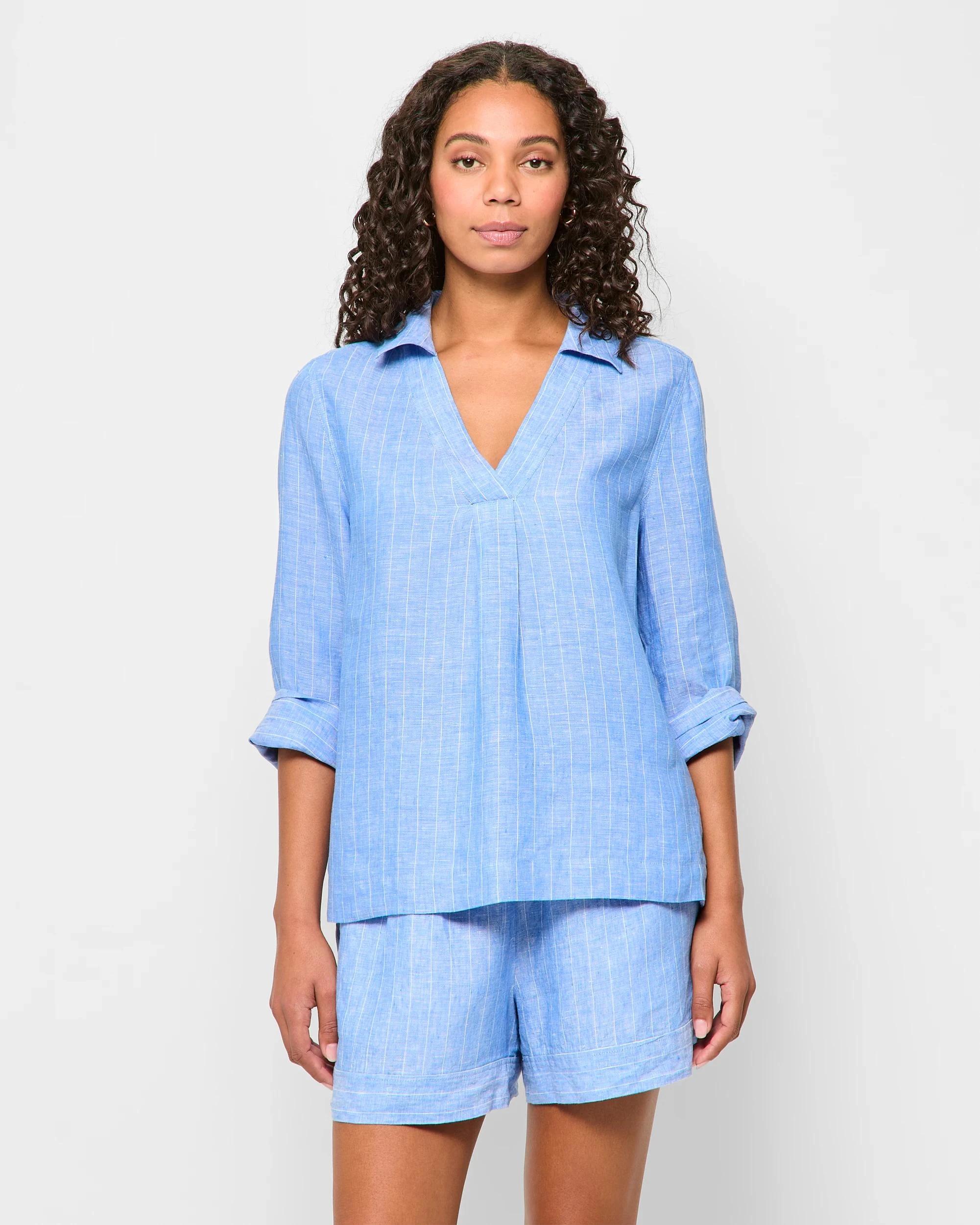 1 Target Woman European Linen 3/4 Sleeve Popover Shirt BOLD BLUE STRIPE, 1 of 5