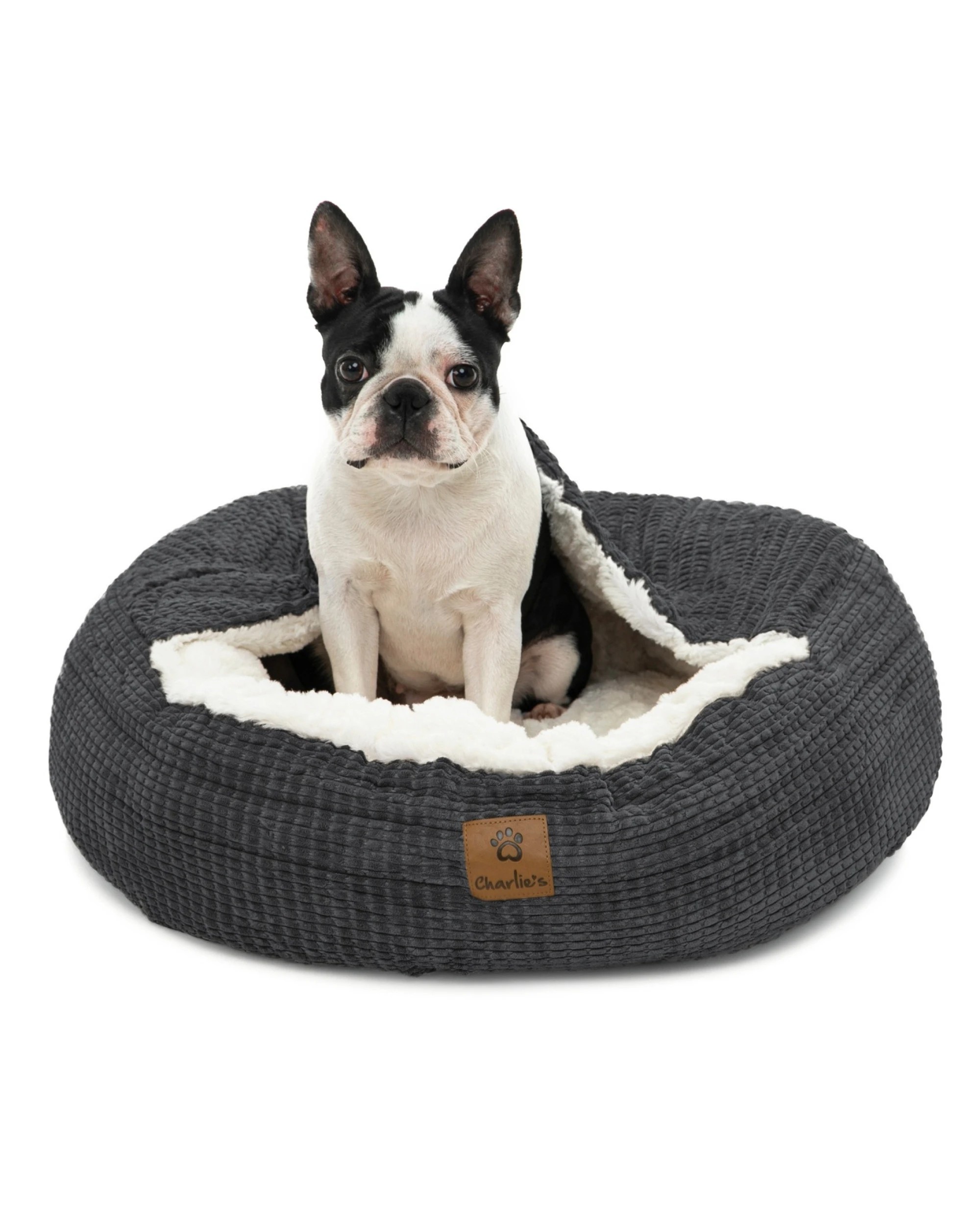 1 Charlie's Snookie Hooded Calming Dog Bed Medium - Charcoal, 1 of 8