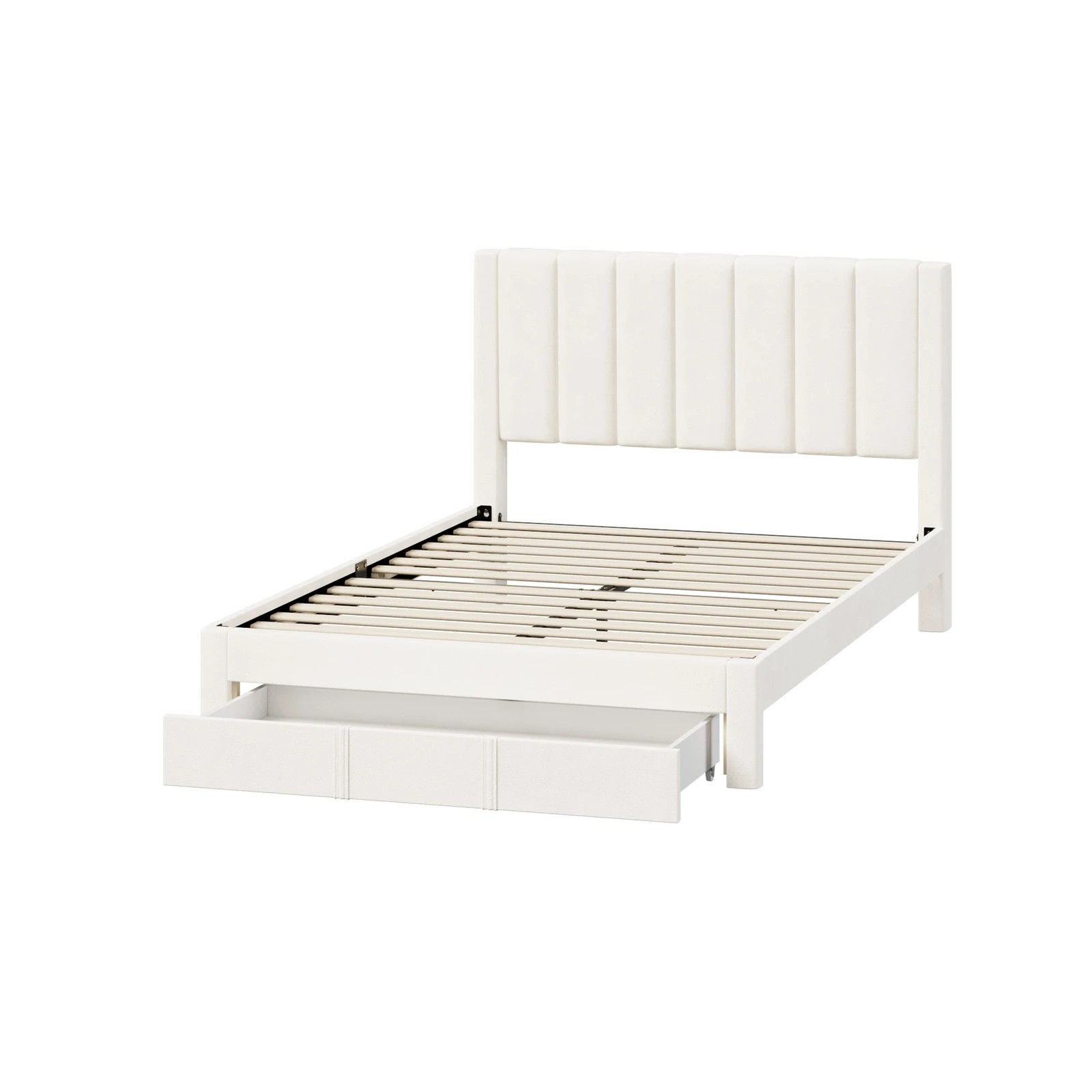 6 Oikiture Bed Frame Double Size Headboard Platform Base with Drawer - Beige, 6 of 8
