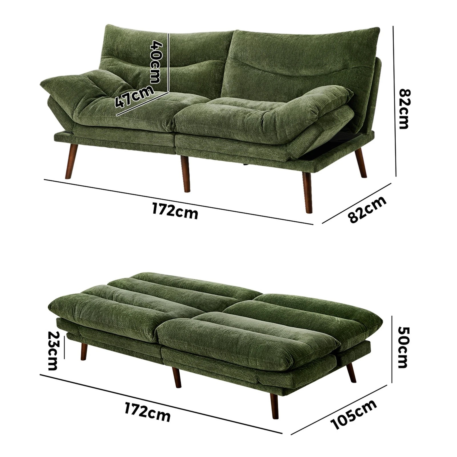 2 Oikiture 3 Seater Sofa Bed Lounge Futon Chenille - Green, 2 of 8