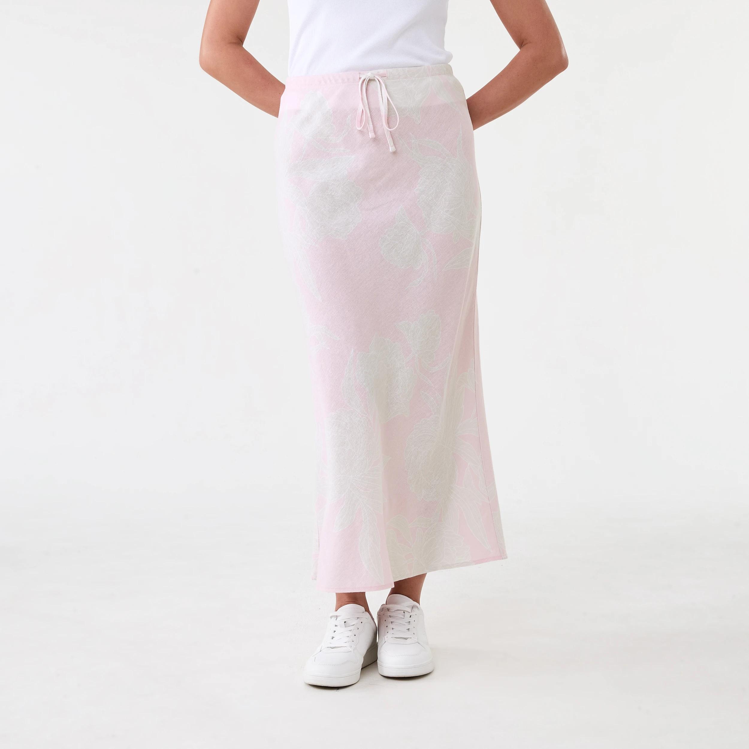 1 Linen Blend Tie Waist Maxi Skirt Pink Florl, 1 of 5