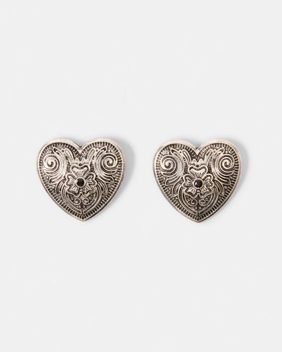 Western Heart Stud Earrings - Silver Tone