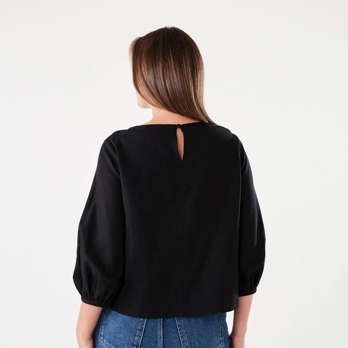 3 Long Sleeve Linen Blend Top BLACK, 3 of 6