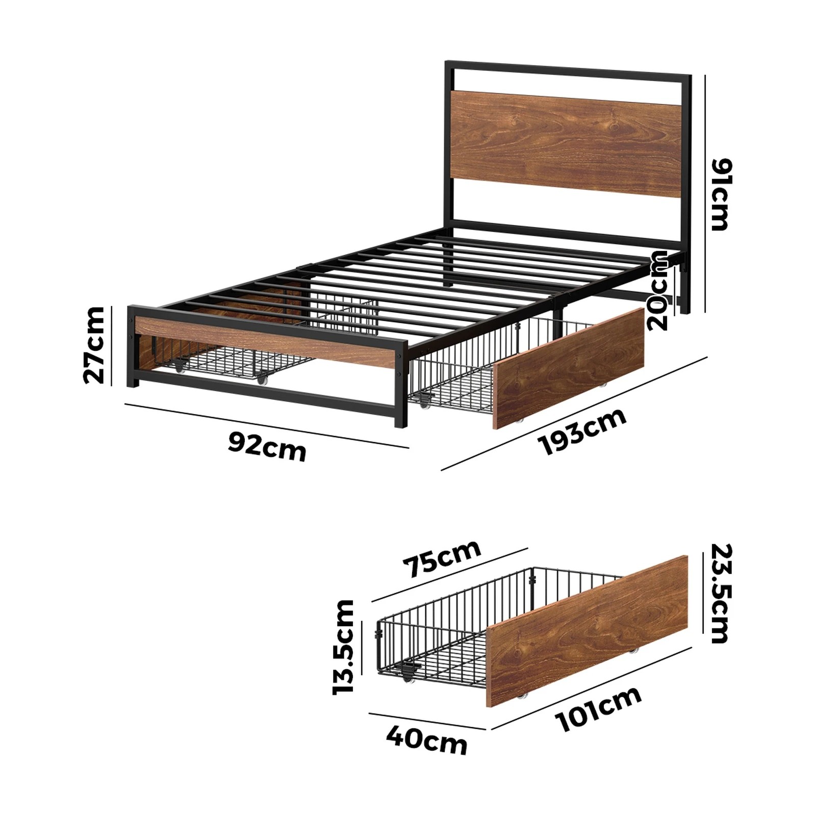 5 Oikiture Metal Bed Frame Single Size Beds Base Platform with 2 Drawers - Black, 5 of 9