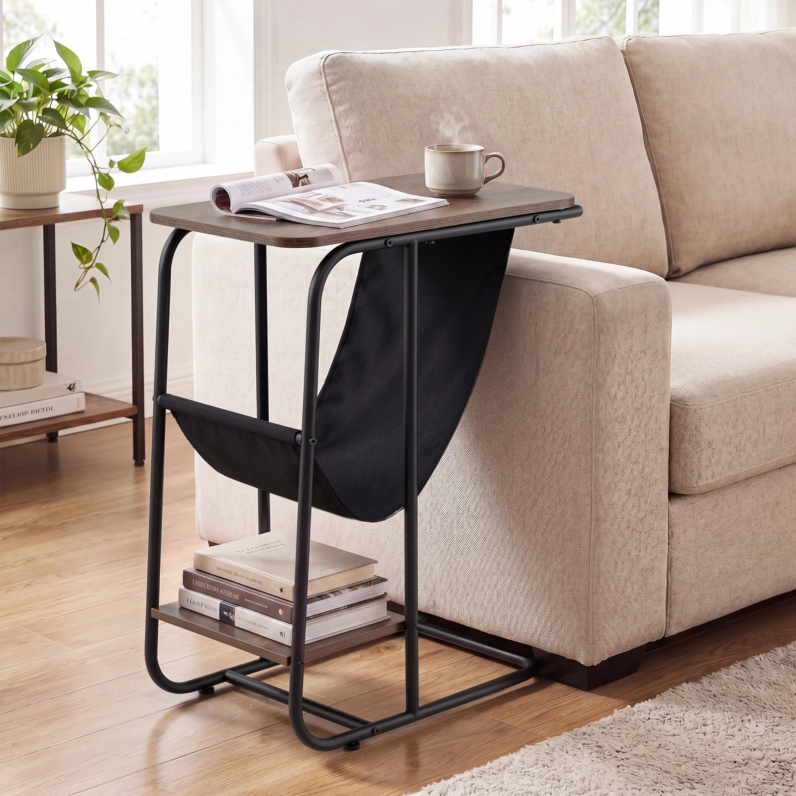 3 Costway C-Shaped End Table w/Canvas Book Holder Compact Side Table, 3 of 6
