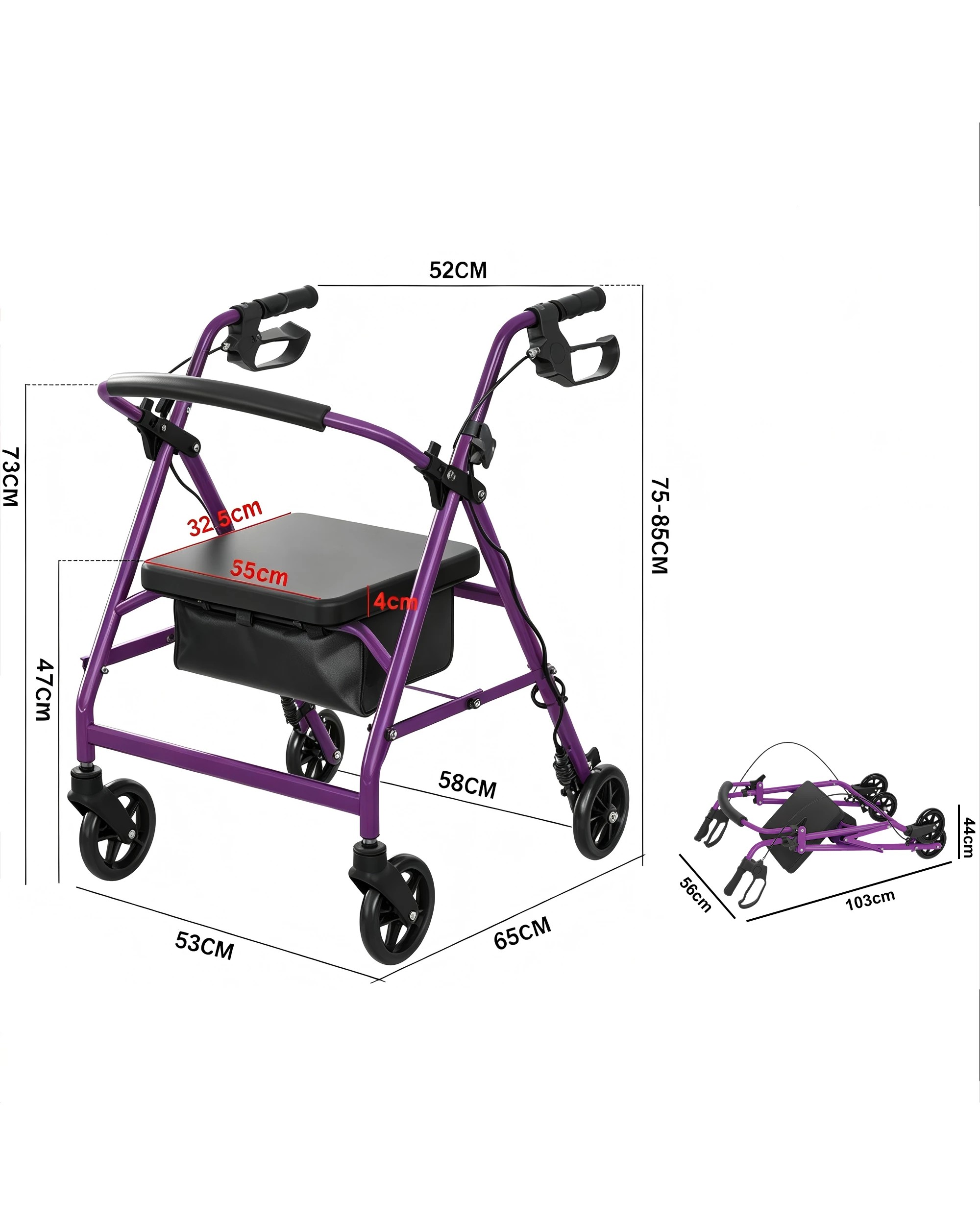 4 Advwin Lightweight Rollator Walker 4-Wheel Folding Mobility Aid -Purple, 4 of 7