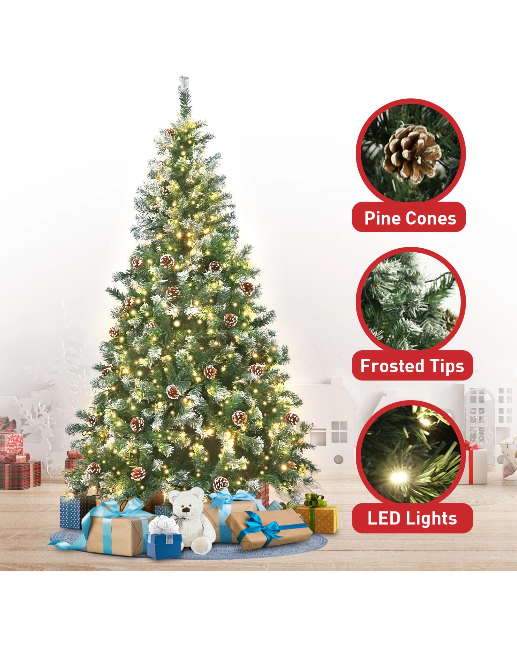 9 Christabelle 2.4m Pre-Lit LED Artificial Christmas Tree with Snow Tipped Needles Pine Cones Stand, 9 of 10