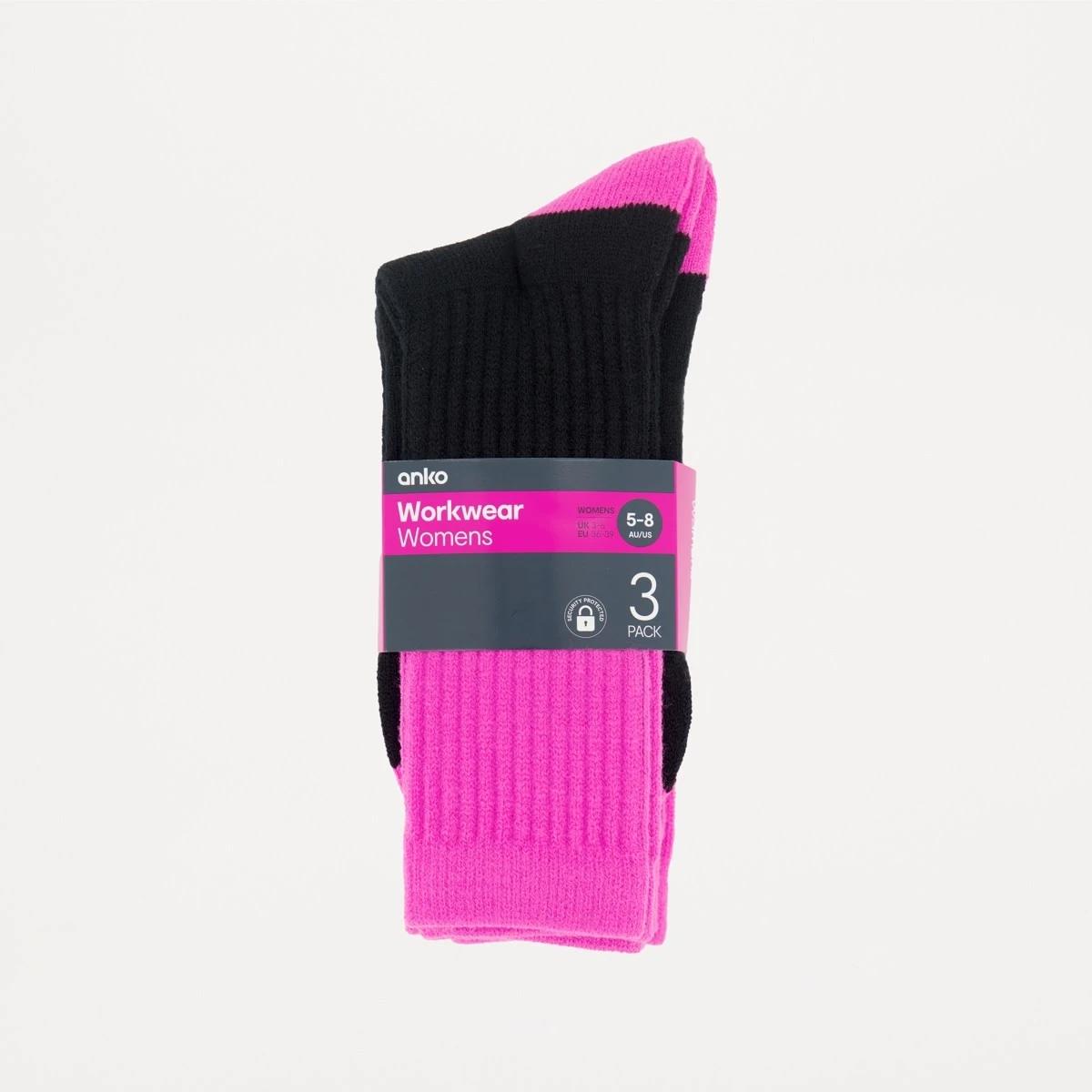 3 3 Pack Ribbed Full Terry Foot Work Socks BLACK PINK, 3 of 3
