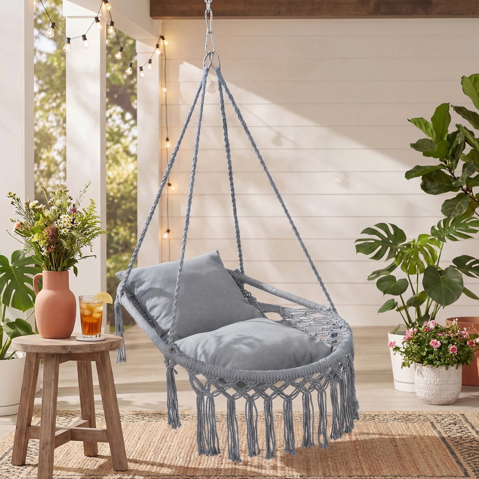 3 Costway Macrame Swing Chair Boho Rope Hanging Hammock Chair - Grey, 3 of 4