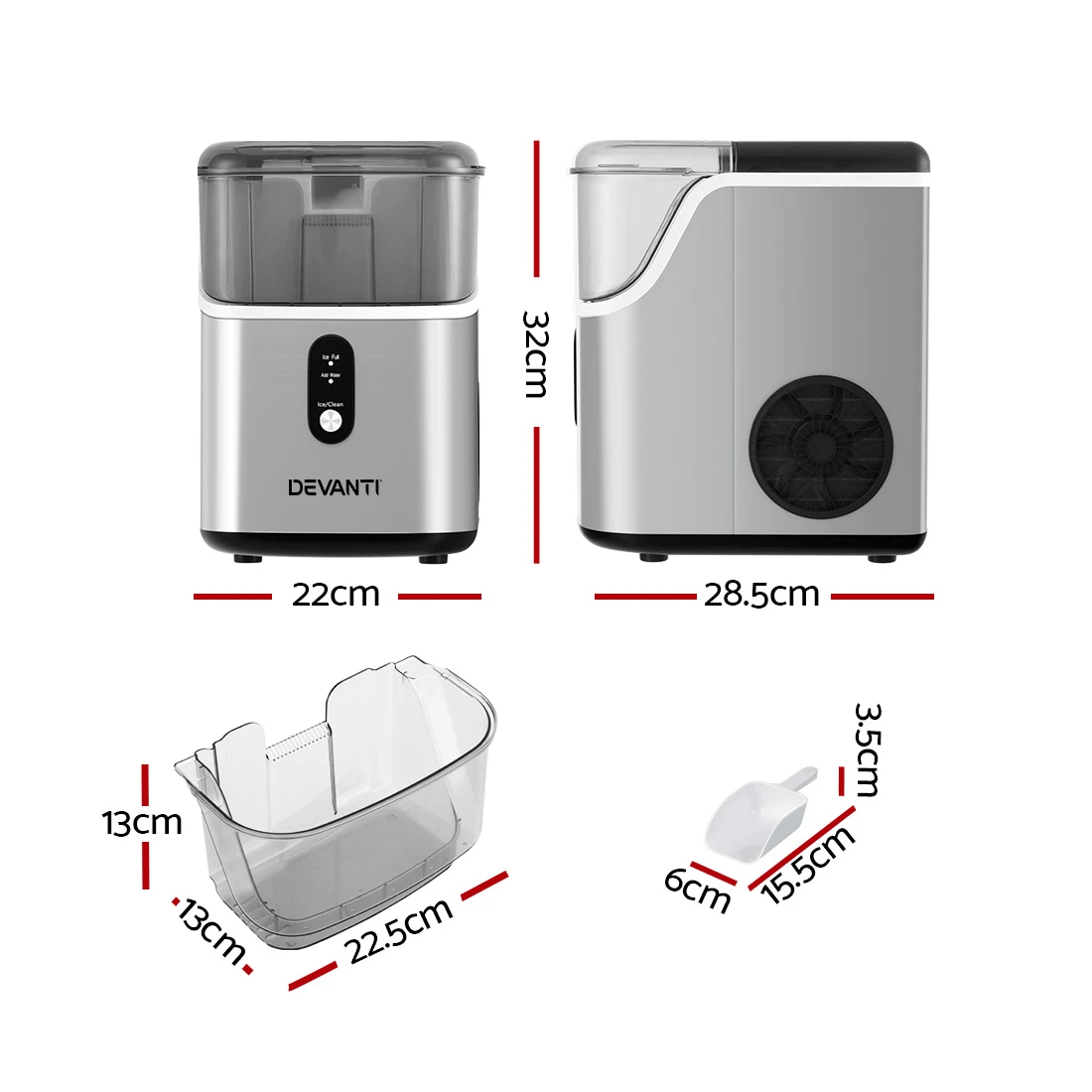 2 Devanti Ice Maker Machine 15kg Nugget Ice Cube - Grey, 2 of 6