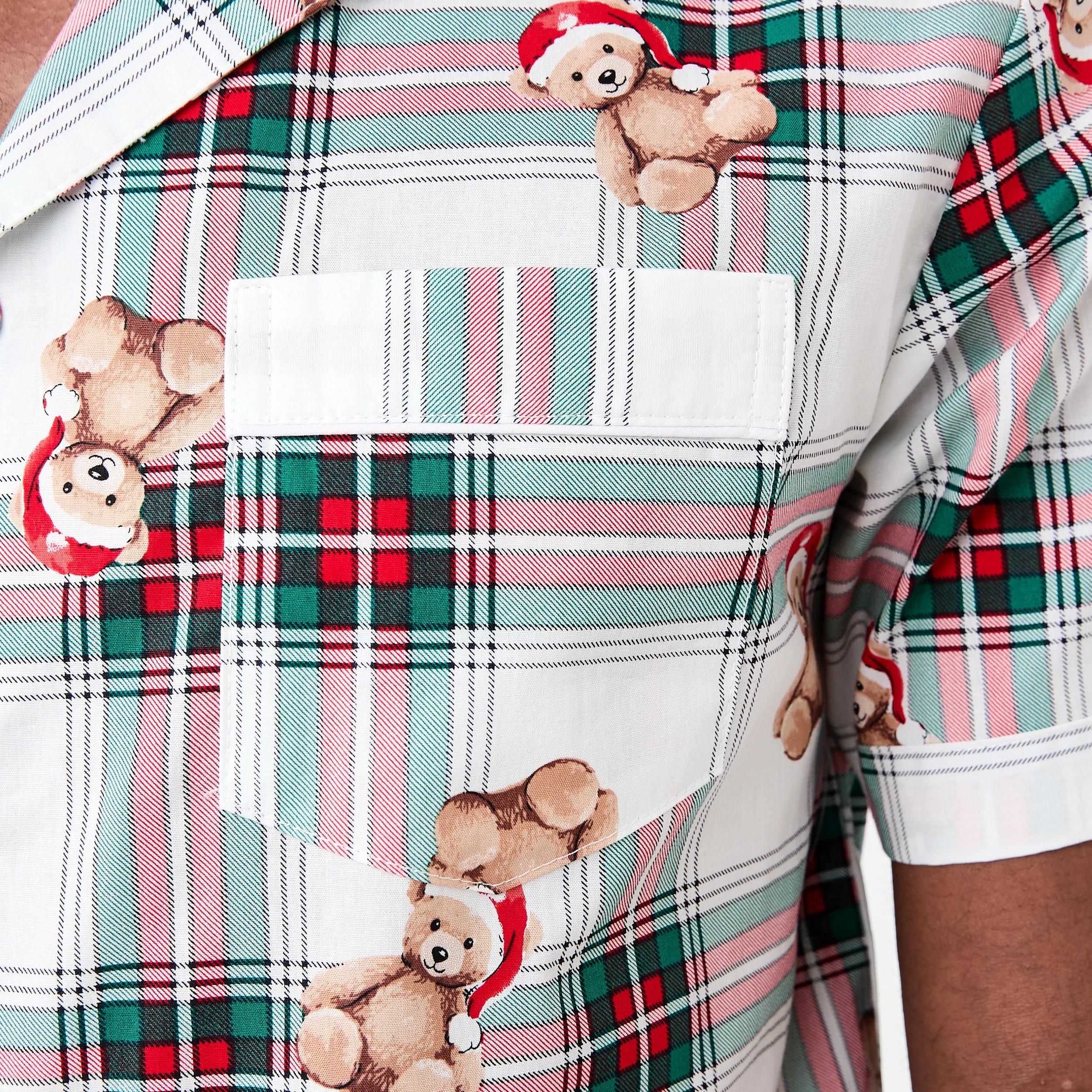 6 Christmas Short Sleeve Button Through Woven Family Matching Pyjama Set BEAR CHECK OFF WHITE, 6 of 8