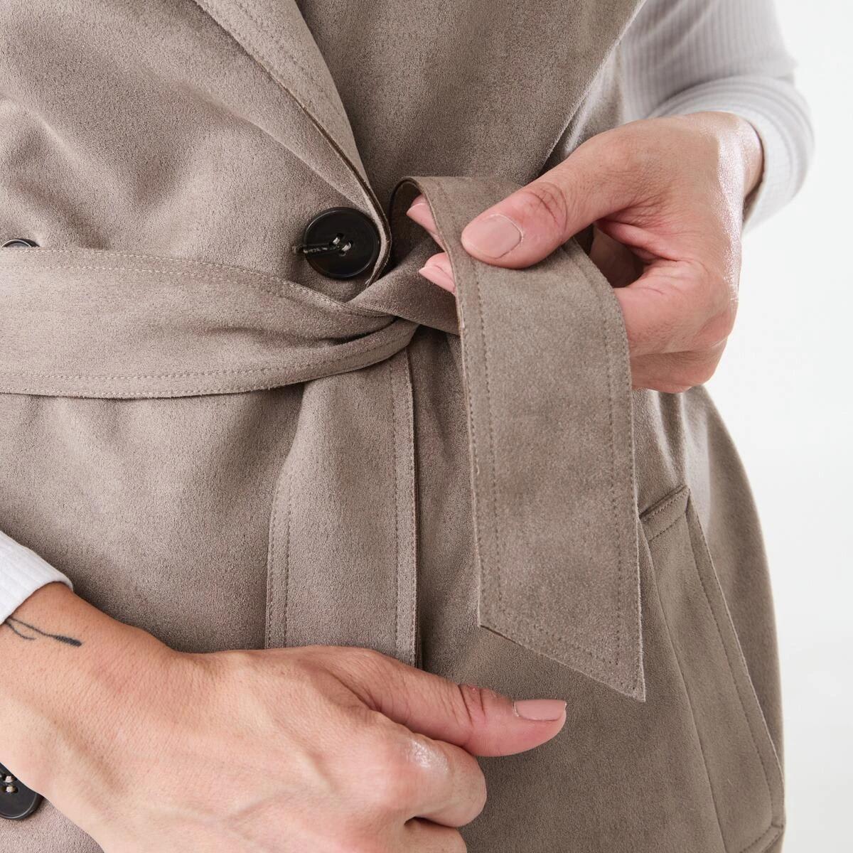 6 Sleeveless Suedette Trench Coat Taupe Brn, 6 of 7