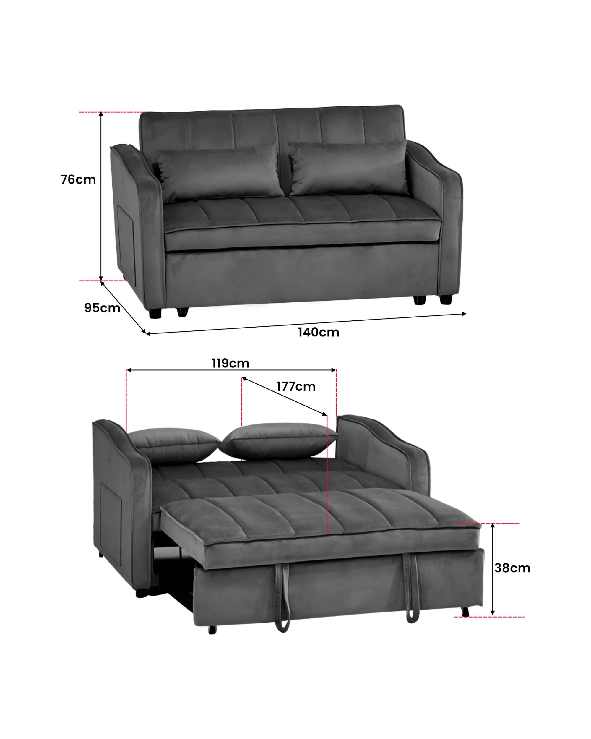3 Sarantino Fenton Velvet 2-Seater Sofa Bed - Dark Grey, 3 of 9