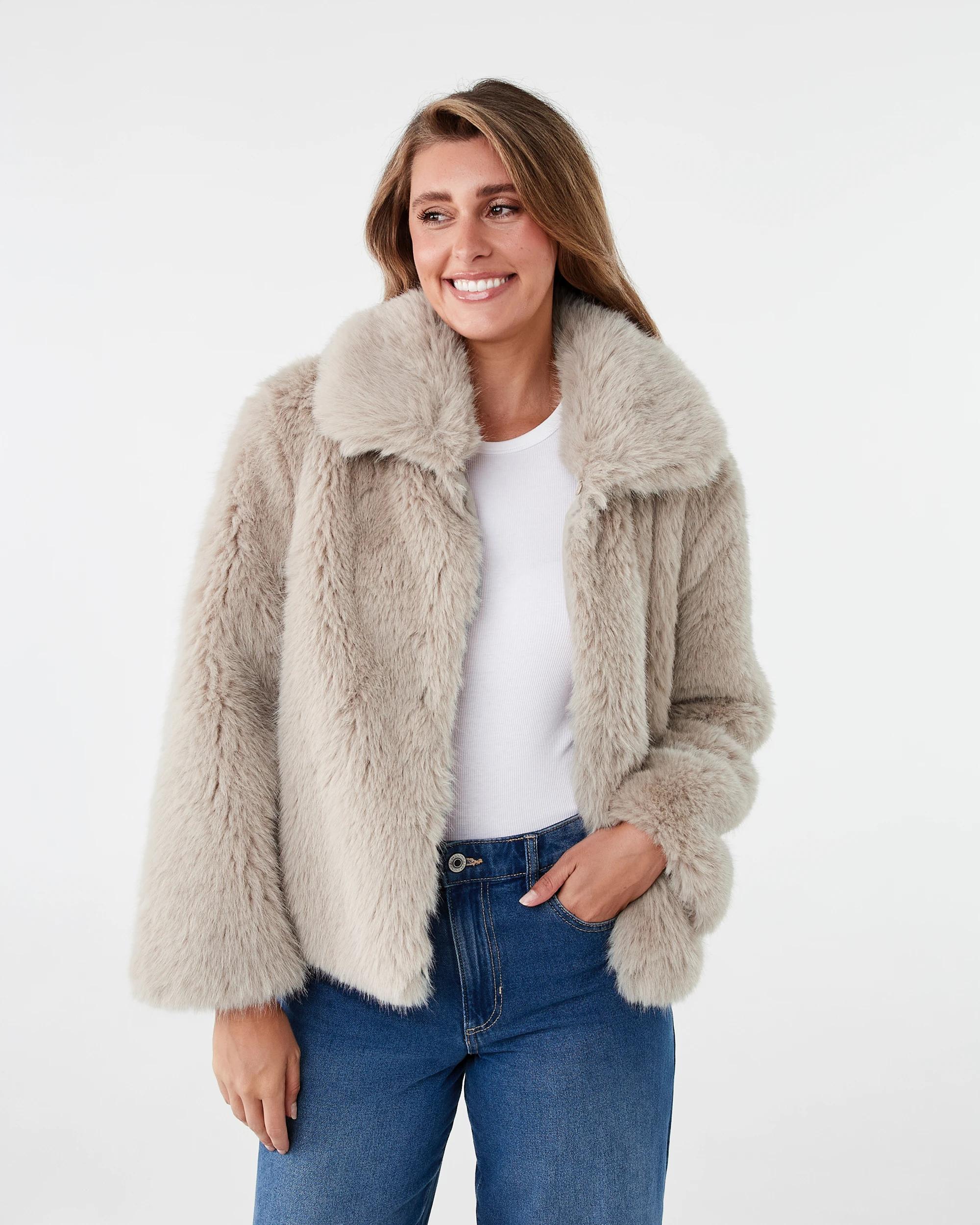 1 Faux Fur Coat Nat Beige, 1 of 8