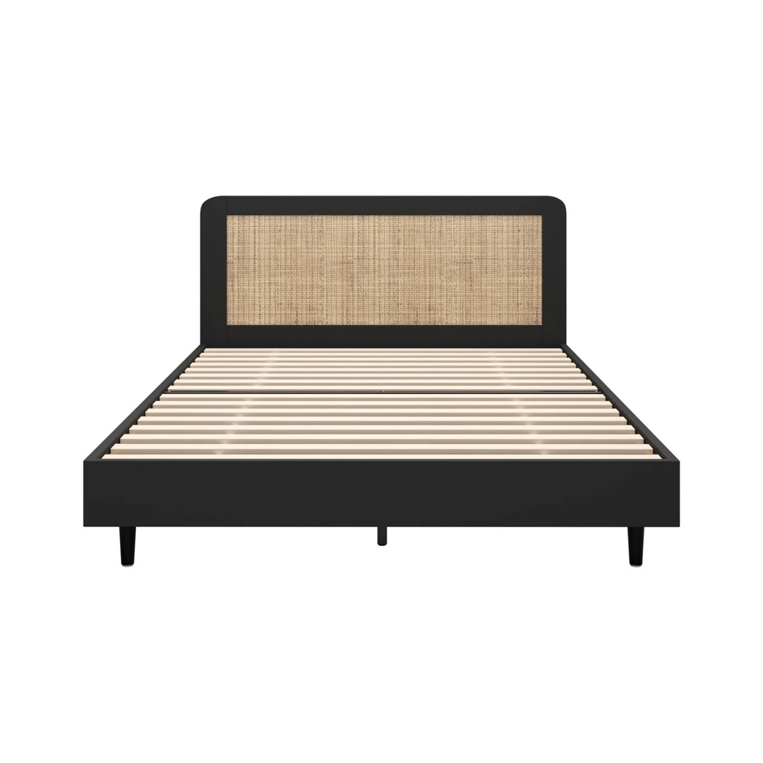 7 Oikiture Queen Bed Wooden Bed Frame With Rattan Headboard
 - Black, 7 of 10
