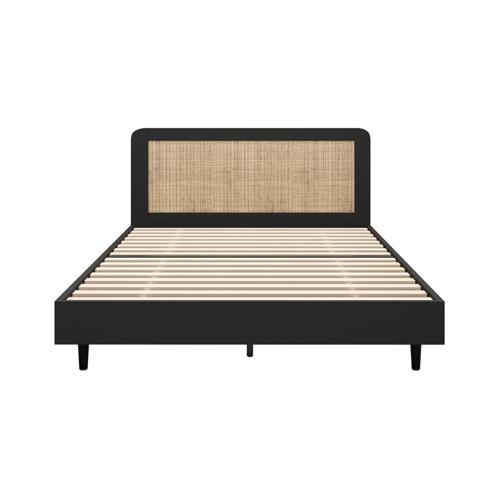 7 Oikiture Queen Bed Wooden Bed Frame With Rattan Headboard
 - Black, 7 of 10