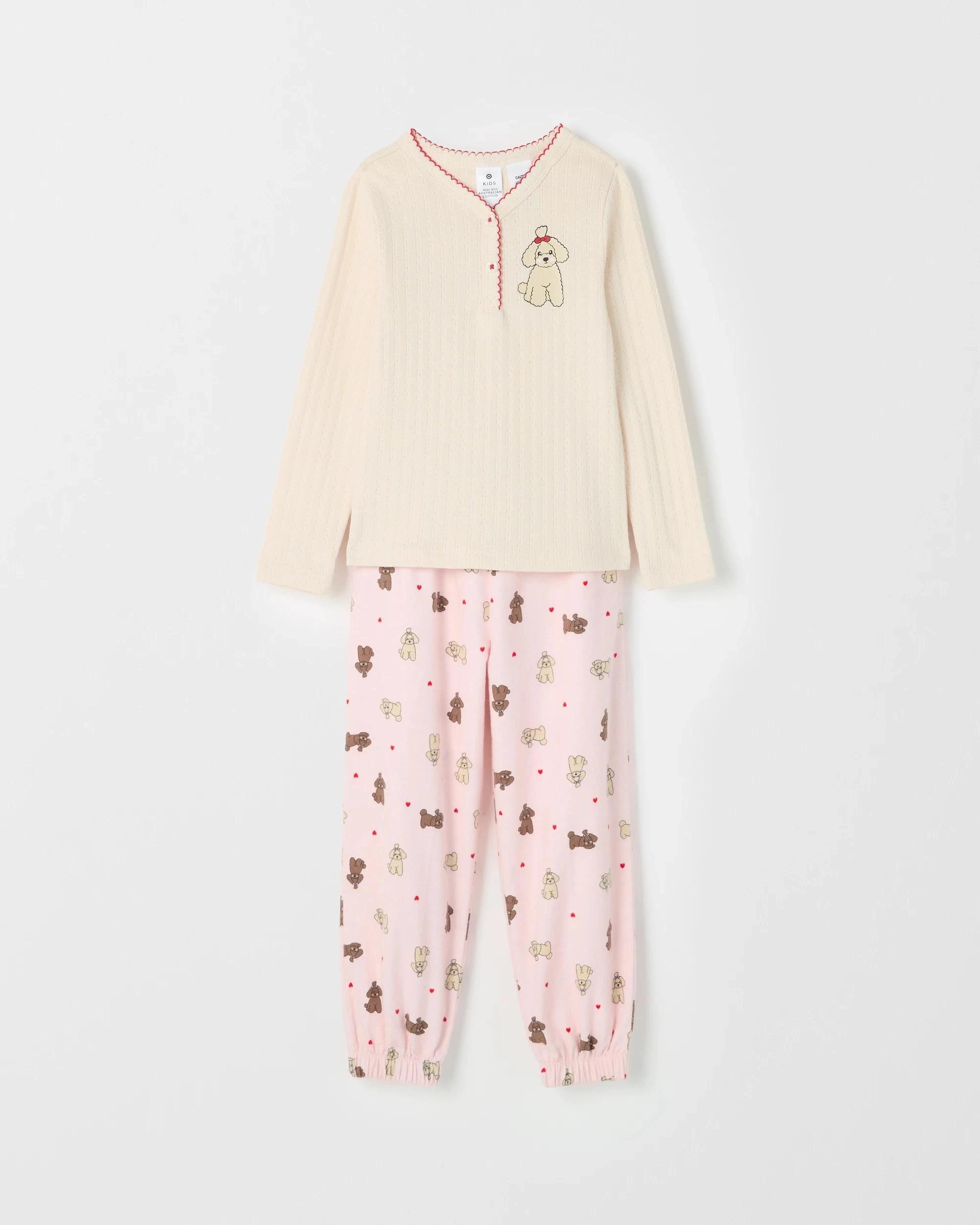 1 Target Kids Australian Cotton Younger Girls Henley Top and Flannel Pants Pyjama Set PUPPY, 1 of 4