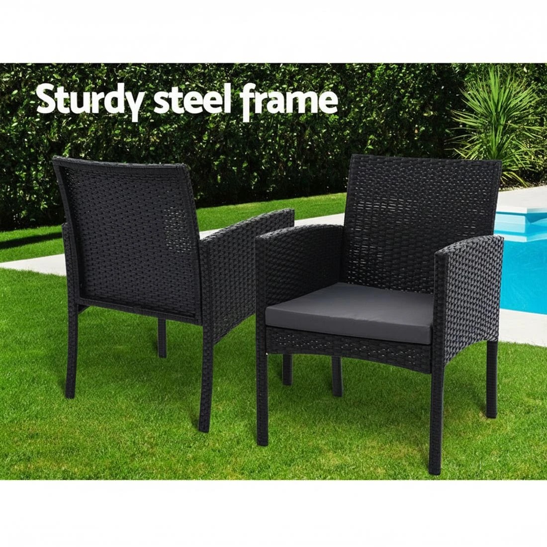 3 Gardeon 3PC Bistro Set Outdoor Furniture Rattan Table Chairs Cushion Patio - Black, 3 of 5