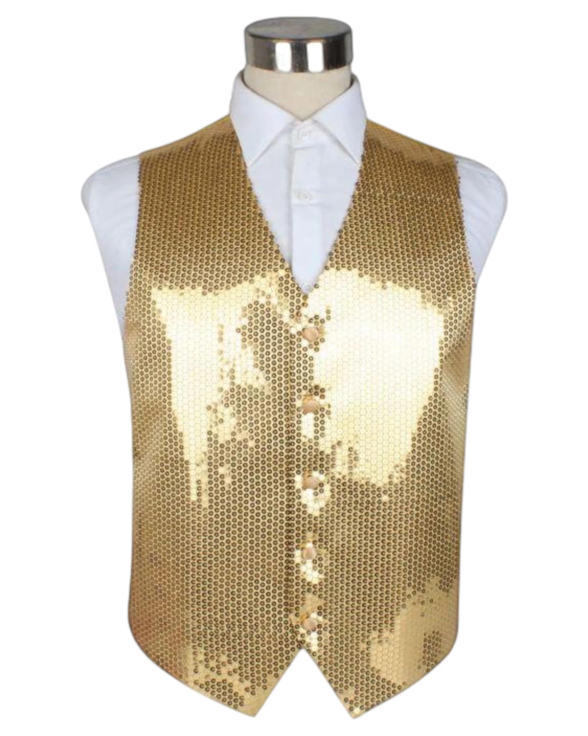 1 Zasel Mens Sequin Patterned Vest Waistcoat Gold, 1 of 1
