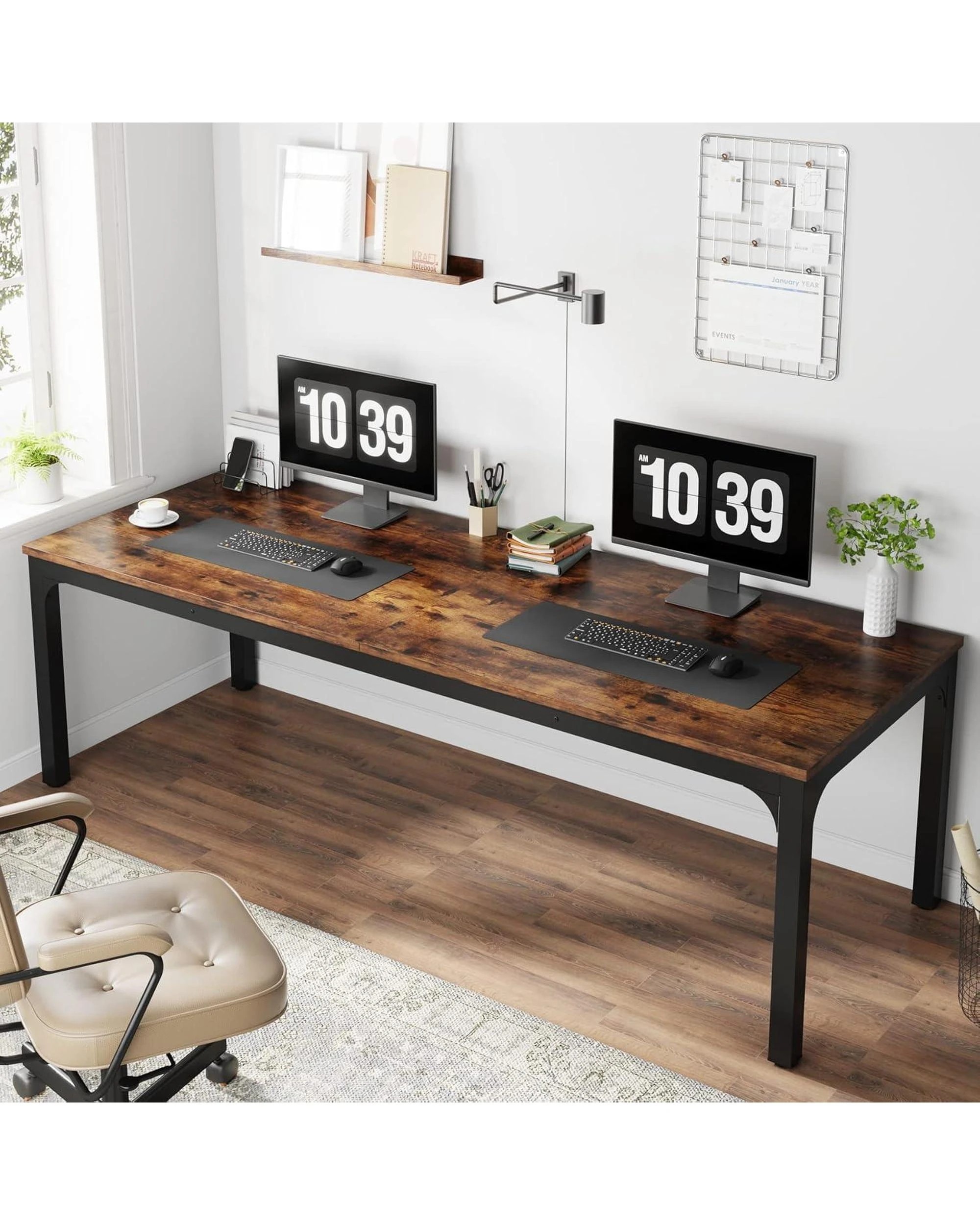 4 OAKORY 200cm Home Office Desk for Two People, Large Writing Desk with Heavy-Duty Metal Legs, Black & Rustic brown, 4 of 5