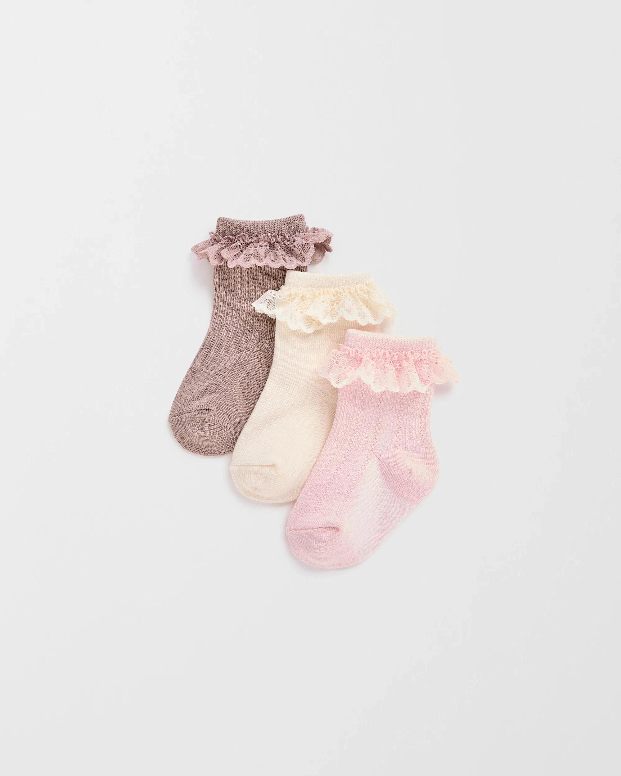 1 Target Baby Baby Australian Cotton Blend 3 Pack Textured Lace Trim Socks PINK/CREAM/BROWN, 1 of 3