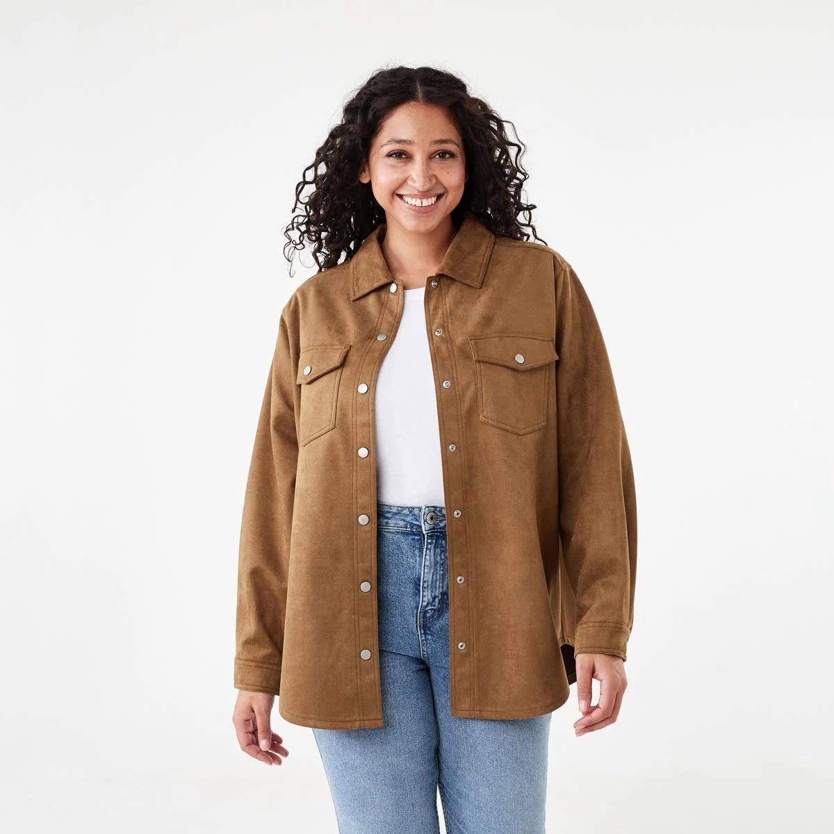 1 Long Sleeve Suedette Shirt Deep Camel, 1 of 8