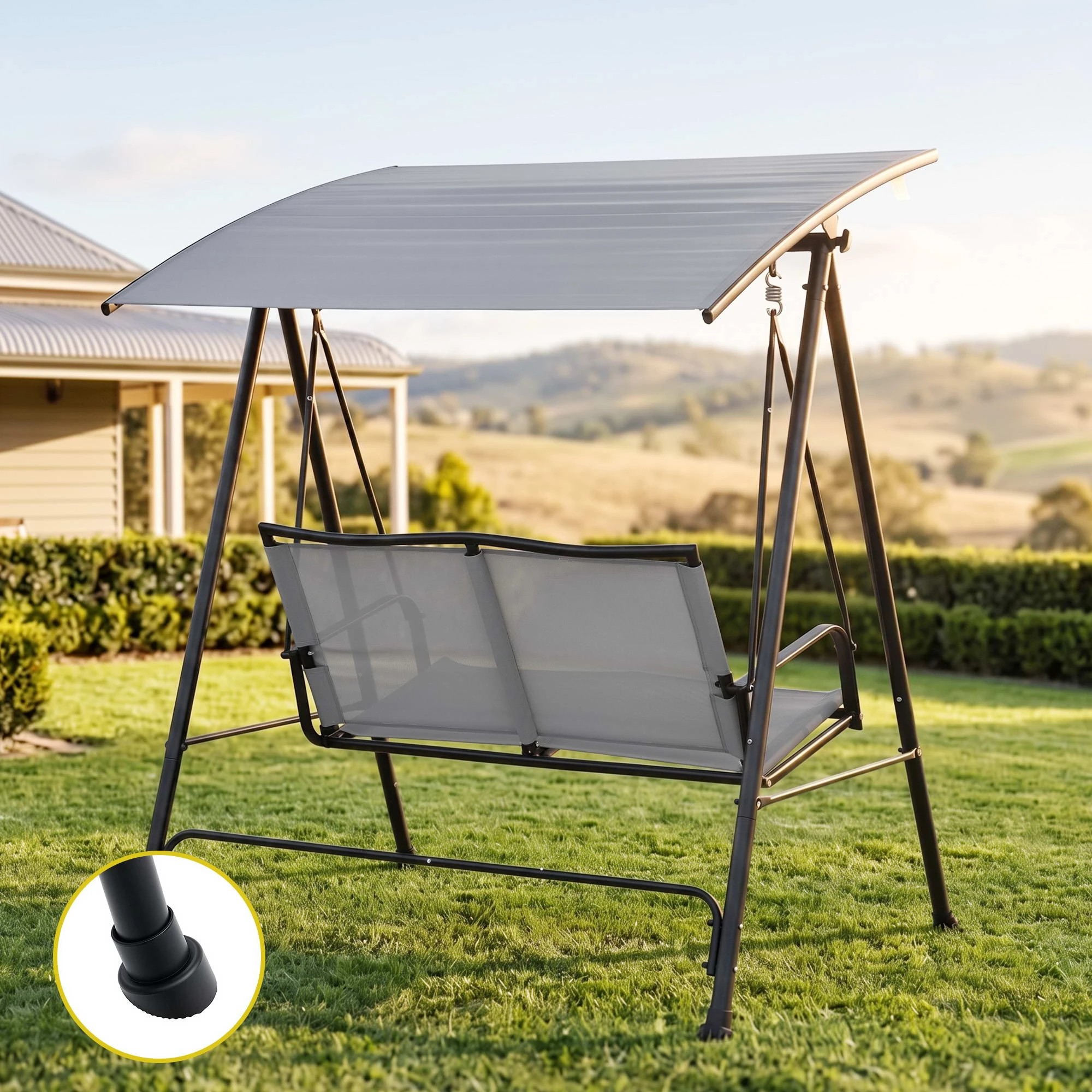 4 Gardeon Outdoor Swing Chair with Stand Adjustable Canopy 2-Seater Hanging Chair 142cmx172cm 250kg Capacity - Grey, 4 of 8