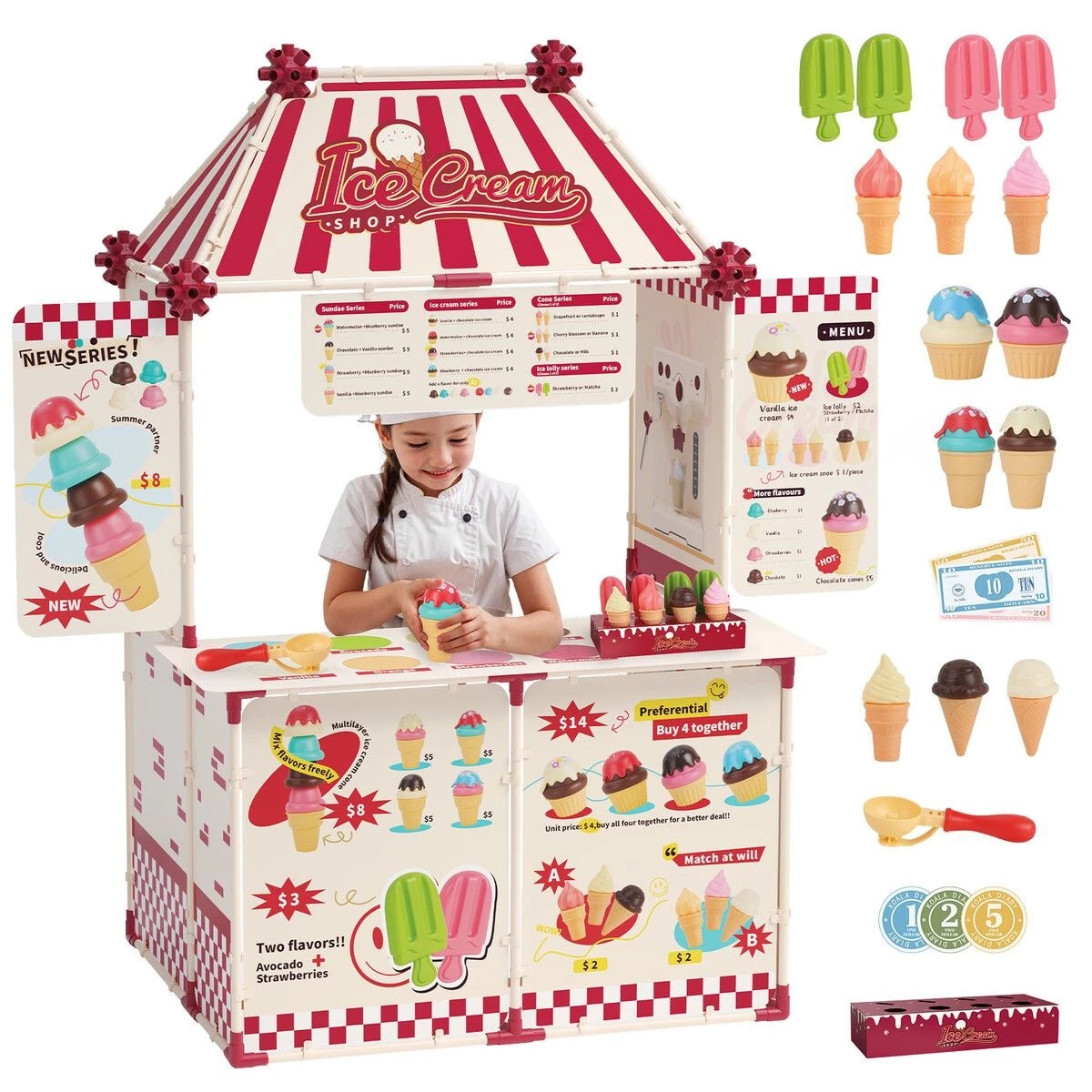 4 AUSWAY Kids Ice Cream Toy Set Pretend Role Play Kitchen Food Cardboard Building, 4 of 4